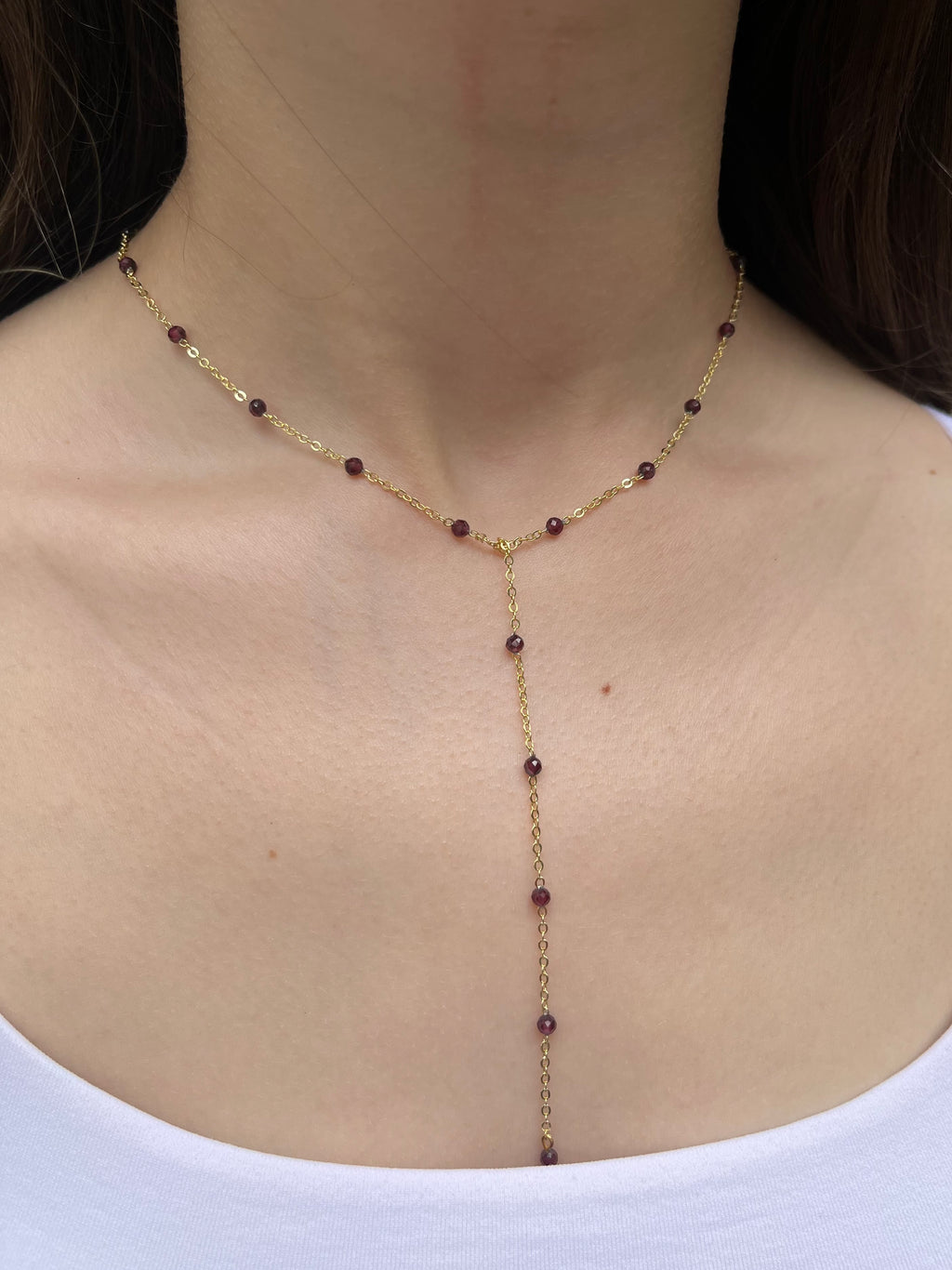 Lariat Garnet necklace , 18K gold plated