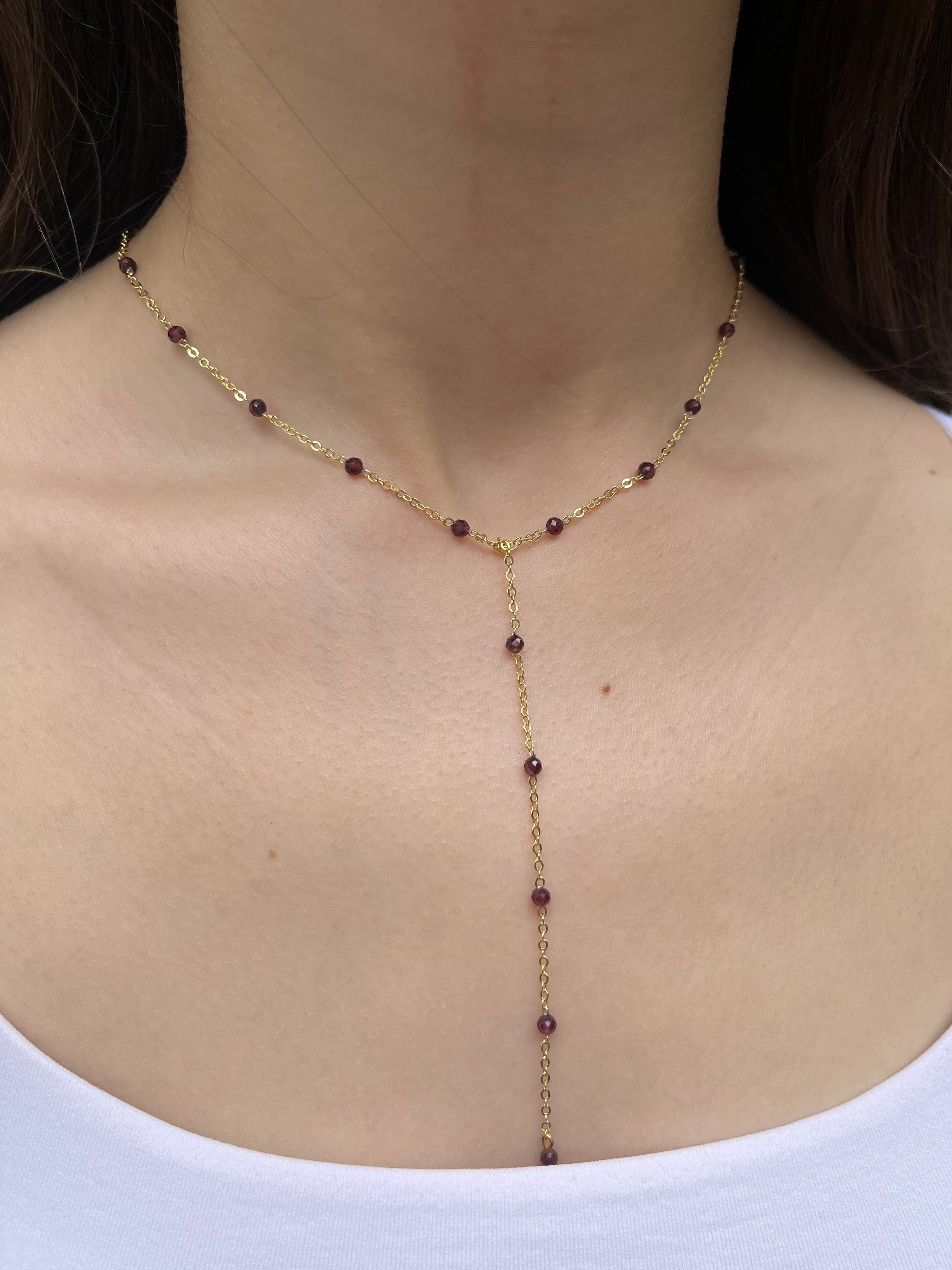 Lariat Garnet necklace , 18K gold plated