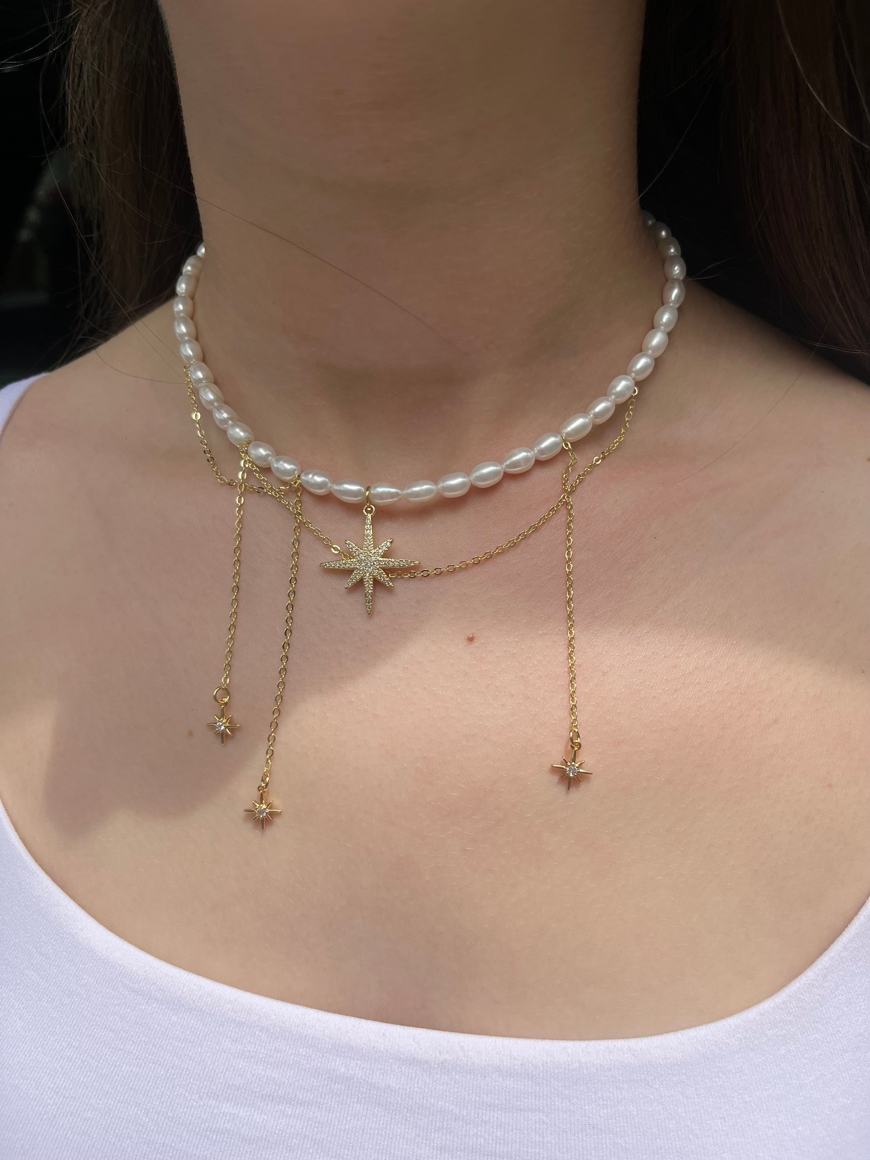 Layered Pearl Star Necklace, 18K Gold Plated
