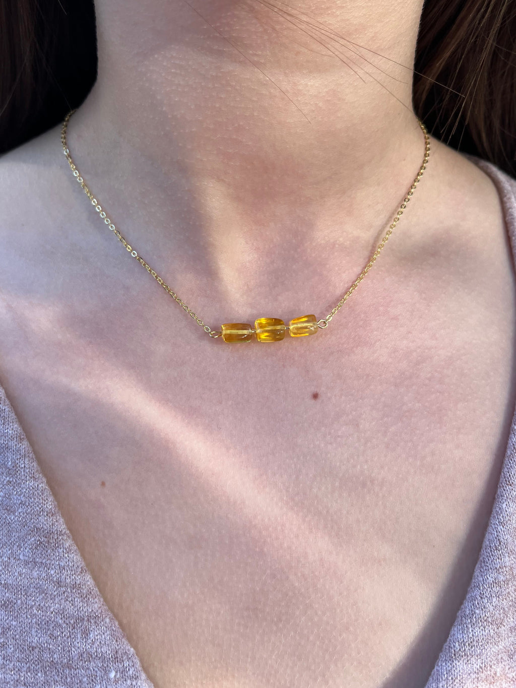 Natural Amber Necklace, chain 18k plated