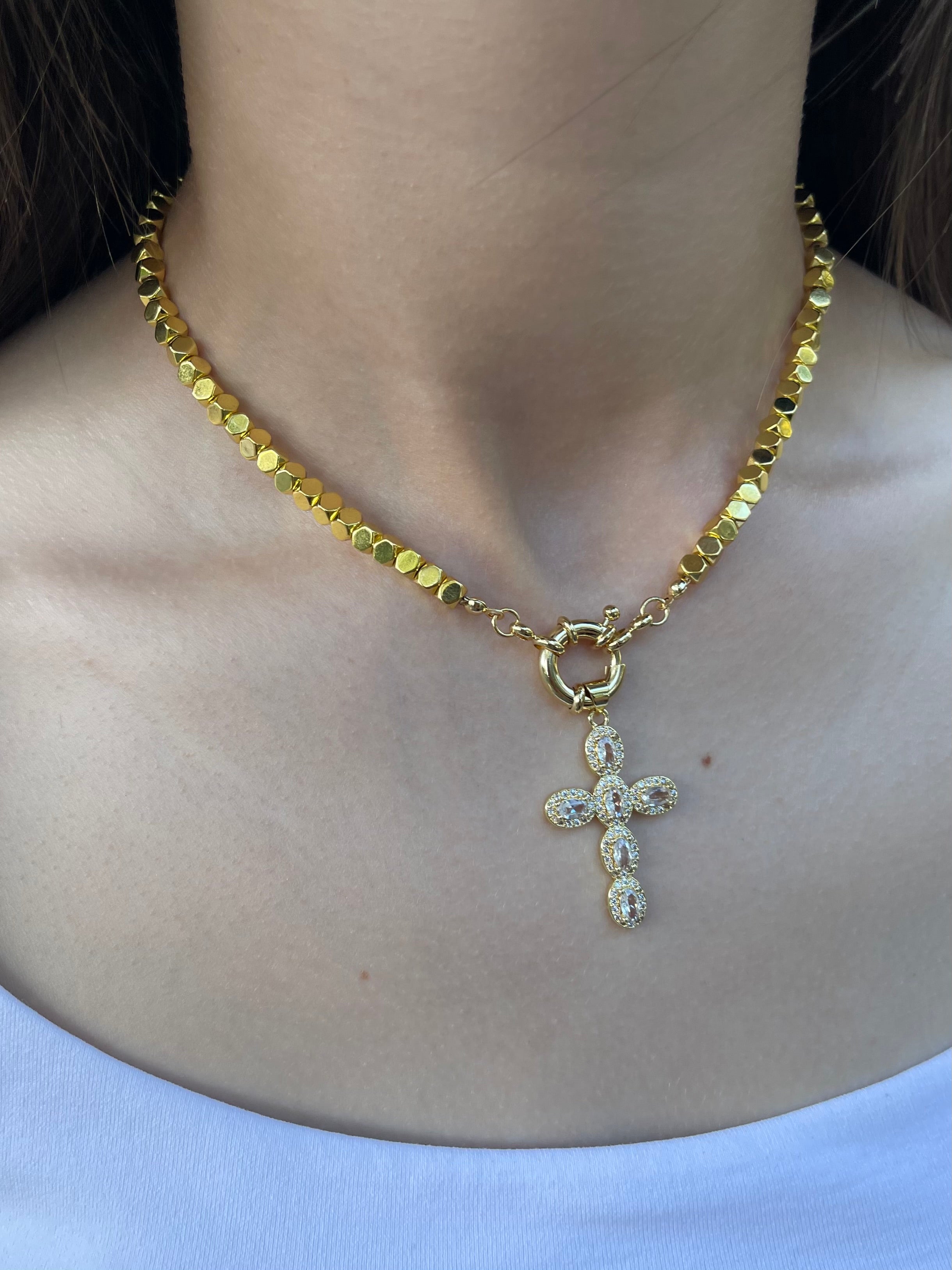 Gold Hematite Cross Necklace, 18K Gold Plated pendant