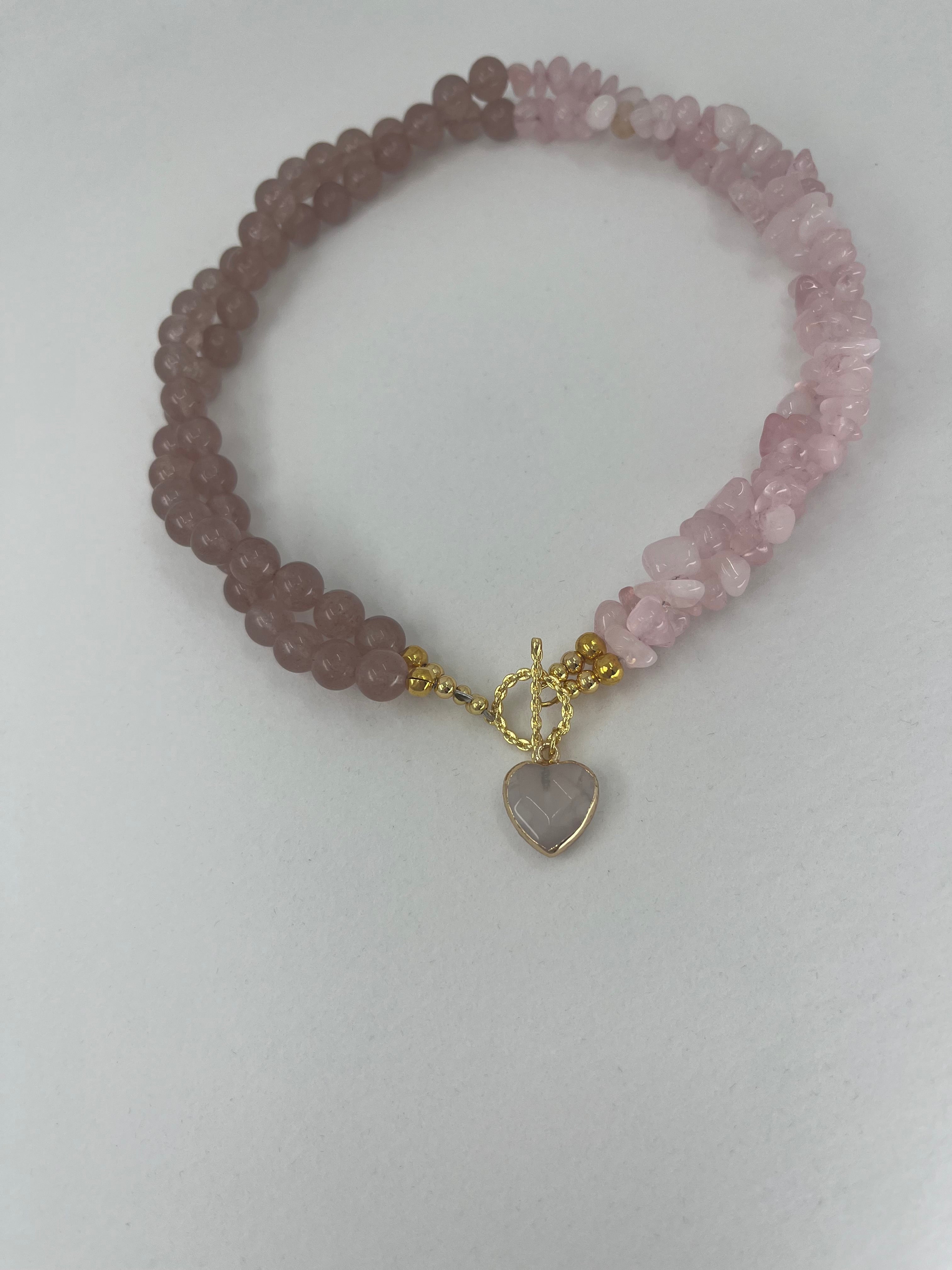 Asymmetrical Layered Strawberry Quartz Necklace with heart pendant: 18K Gold Plated Pendant