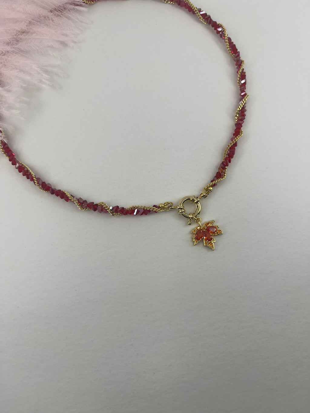 Crystal Red Necklace: 18K Gold Pendant Maple Leaf