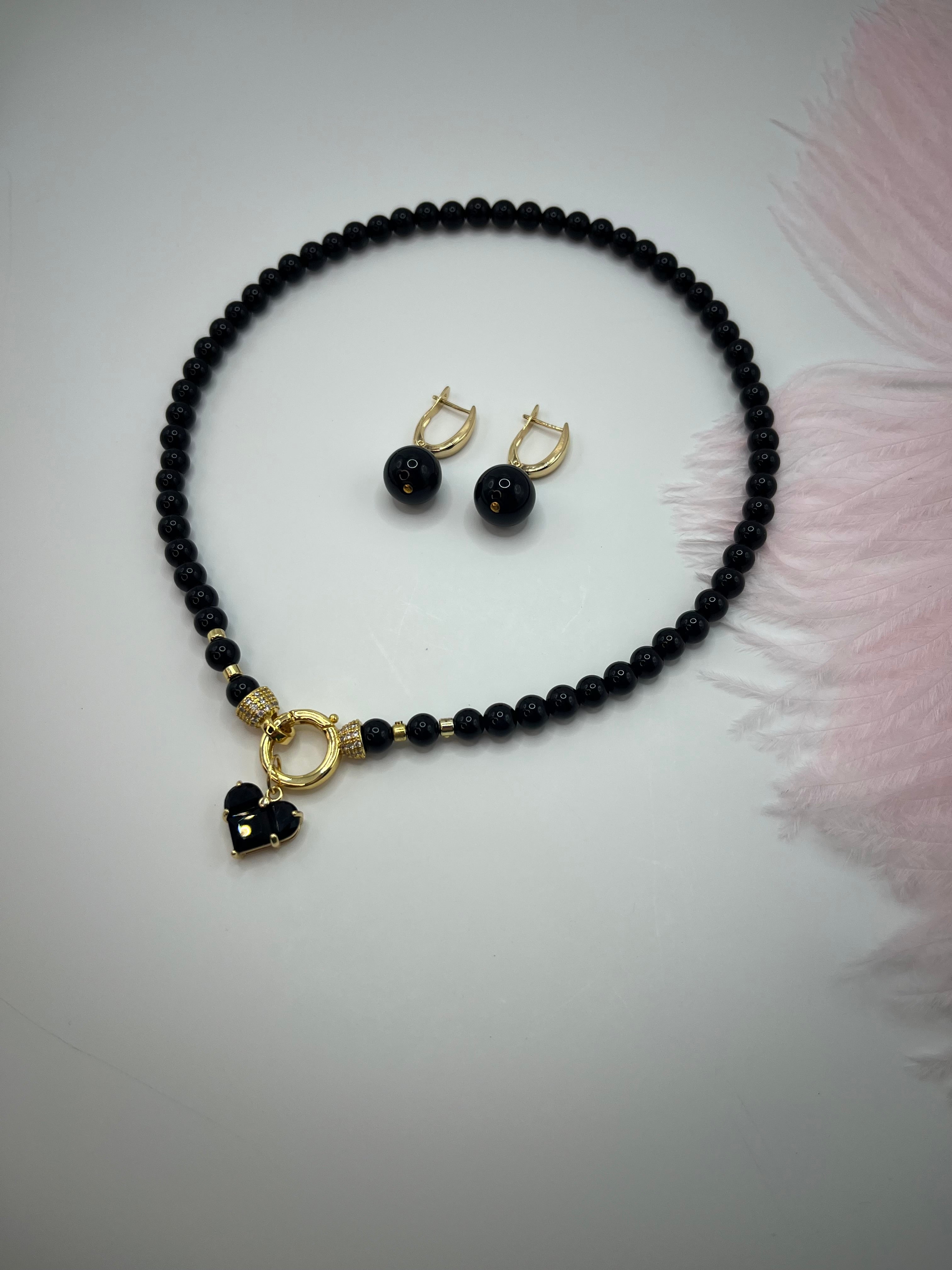 Black Onyx Necklace and Earrings Set – 18K Gold Plated Heart Charm