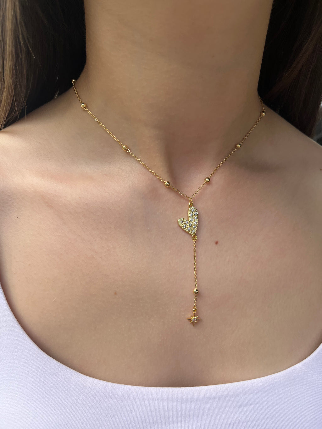 Lariat Y-Necklace, zirconia heart pendant 18k gold plated