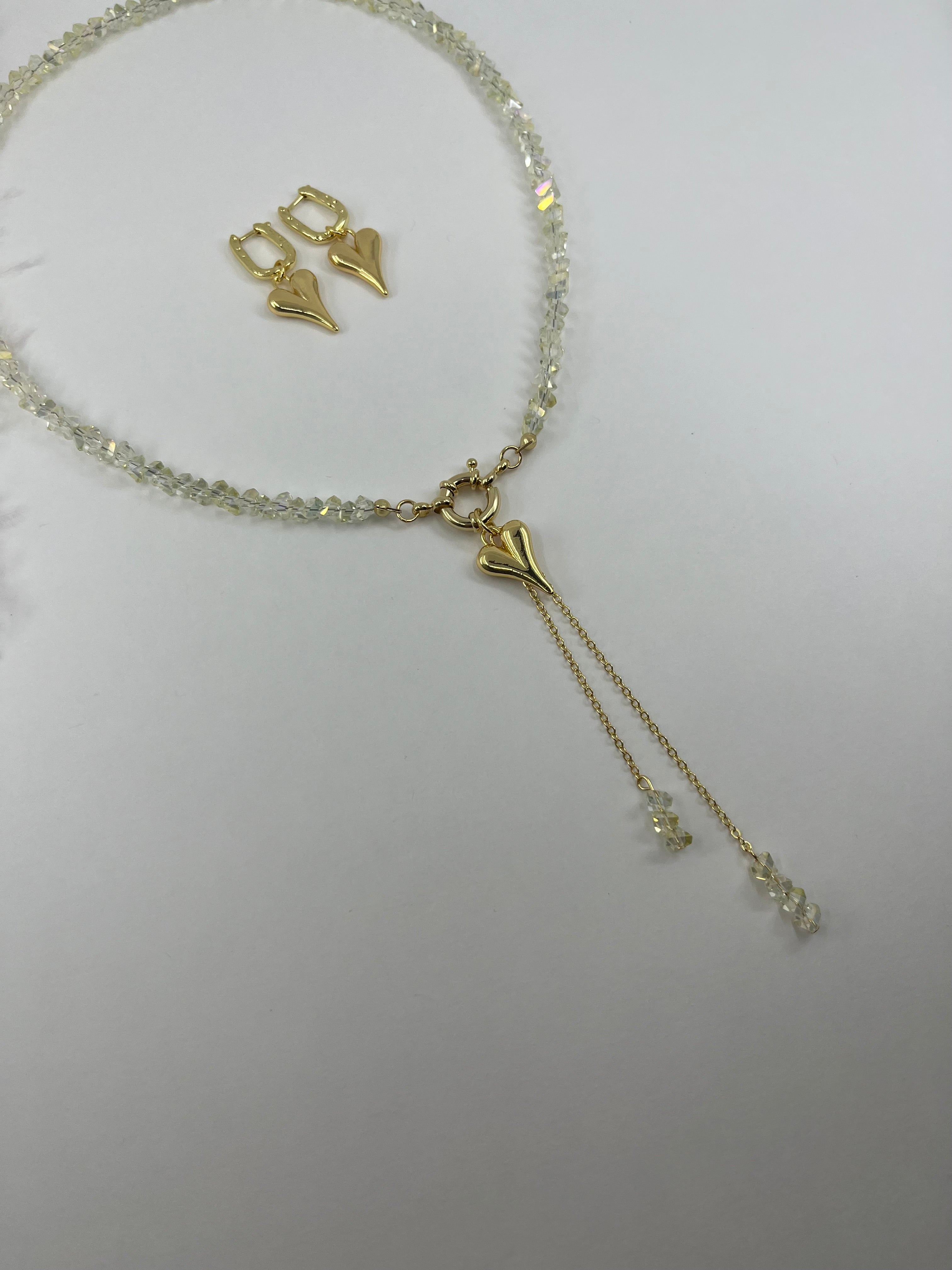 Set: Heart Crystal Y-Necklace and Earrings – 18K Gold Plated