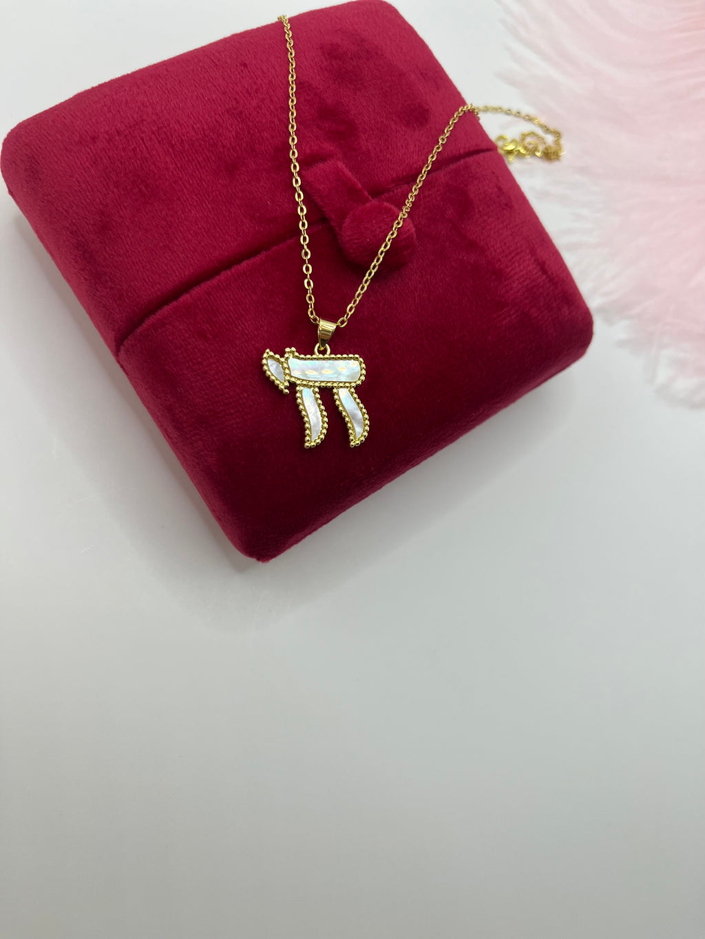 Chai Jewish Necklace – Natural White Shell & 18K Gold Plated Chain, including velvet box