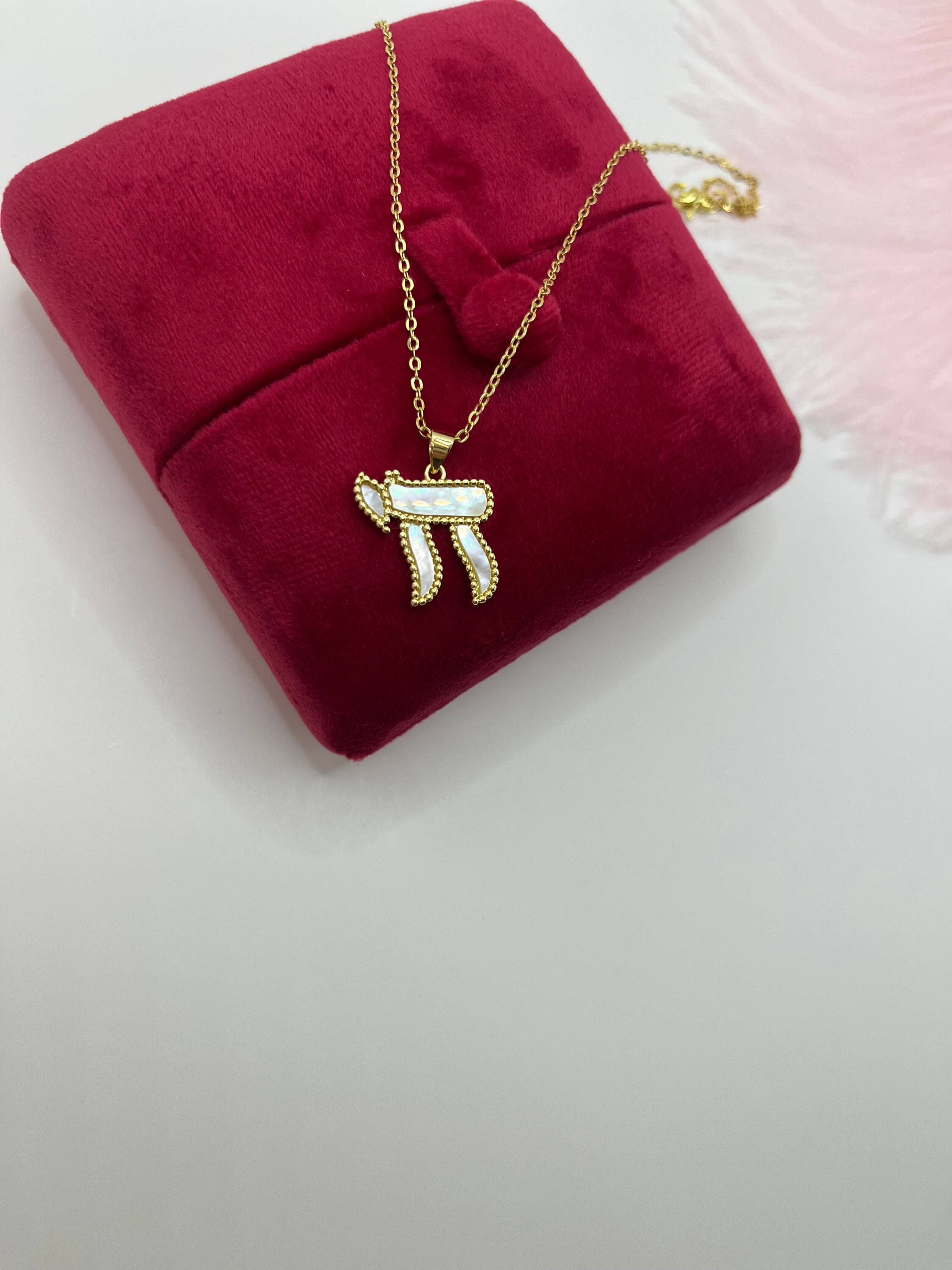 Chai Jewish Necklace – Natural White Shell & 18K Gold Plated Chain, including velvet box