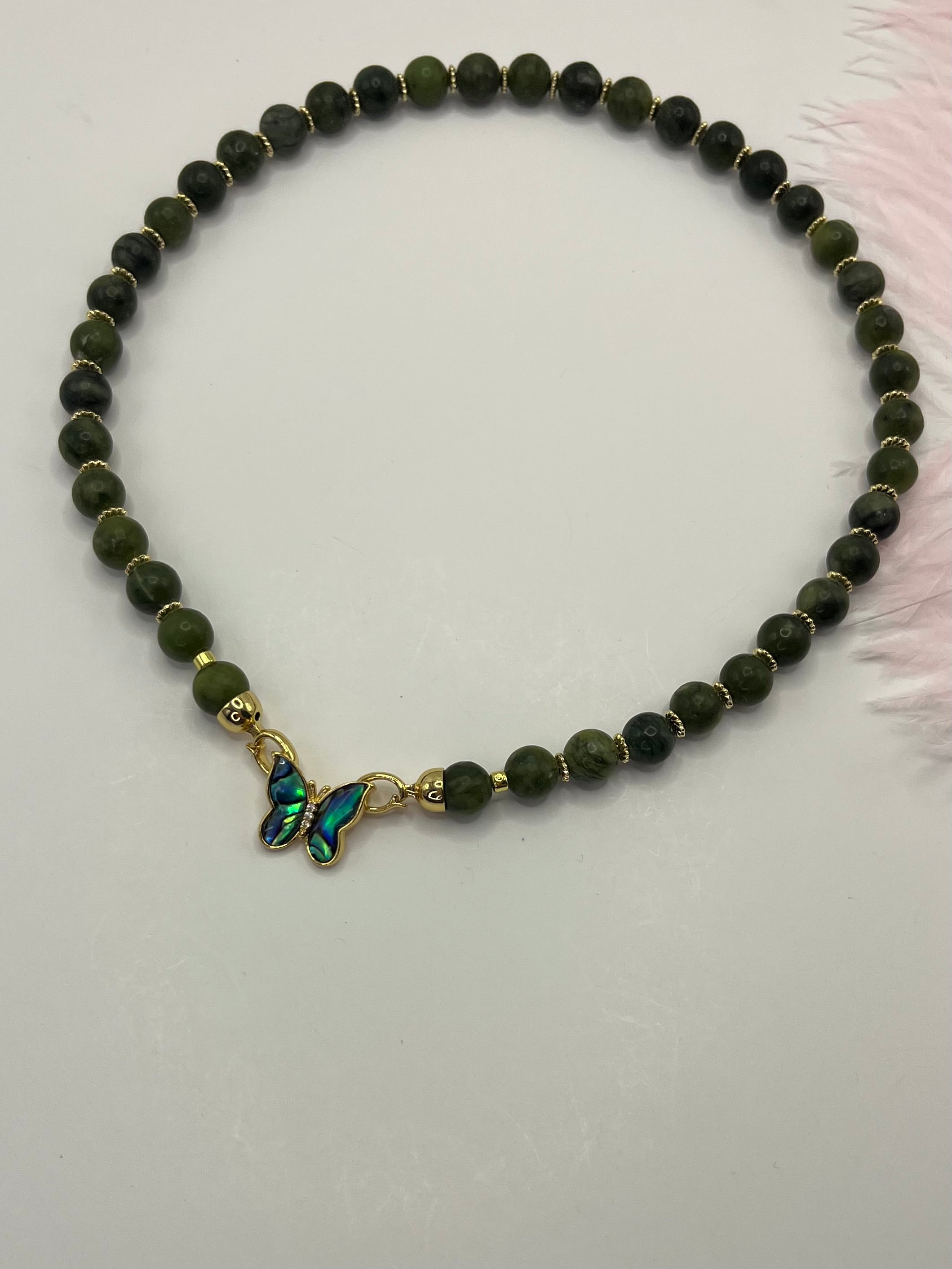 Natural Taiwan Jade Necklace with 18K Gold Butterfly Clasp