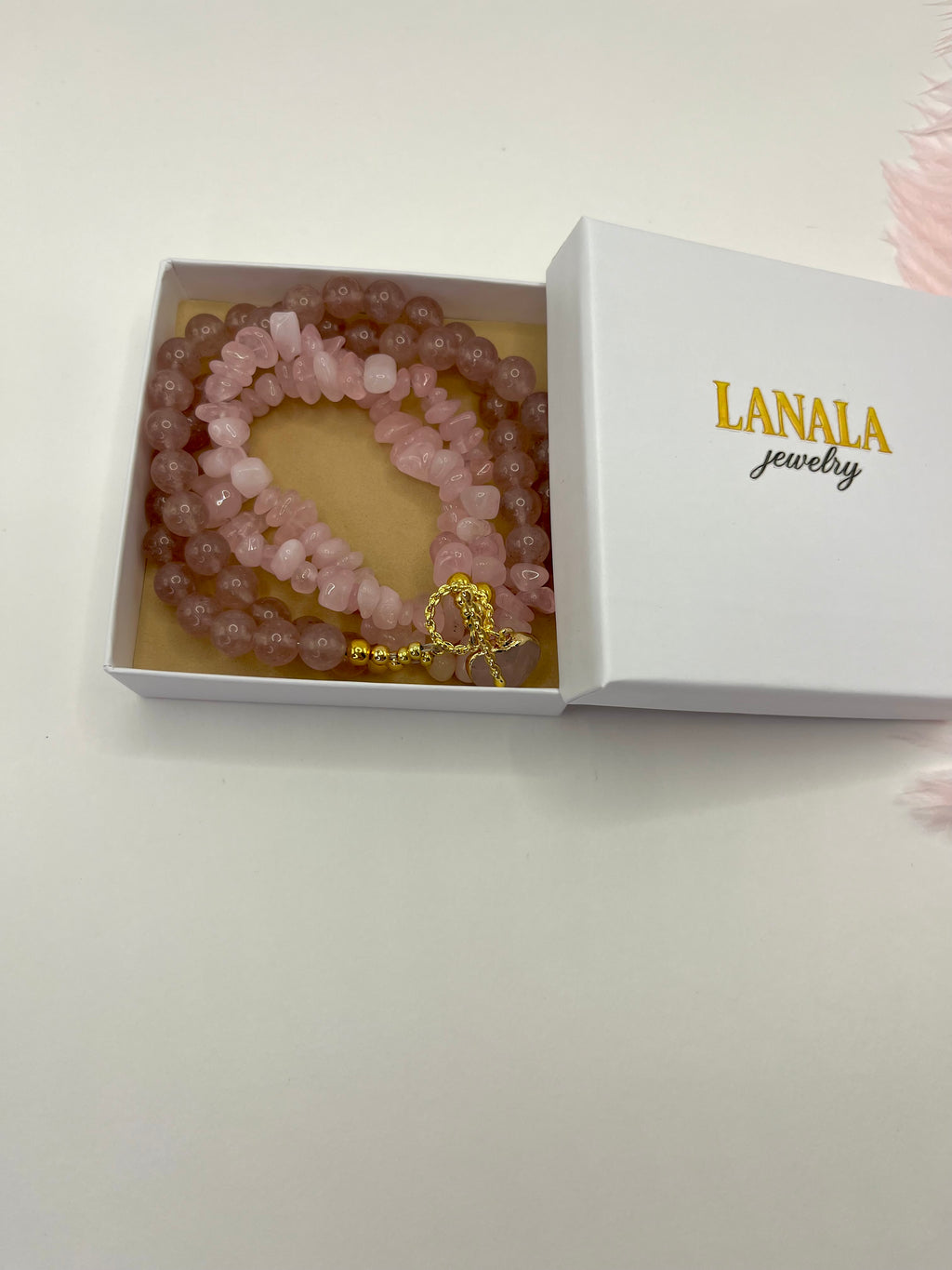 Asymmetrical Layered Strawberry Quartz Necklace with heart pendant: 18K Gold Plated Pendant