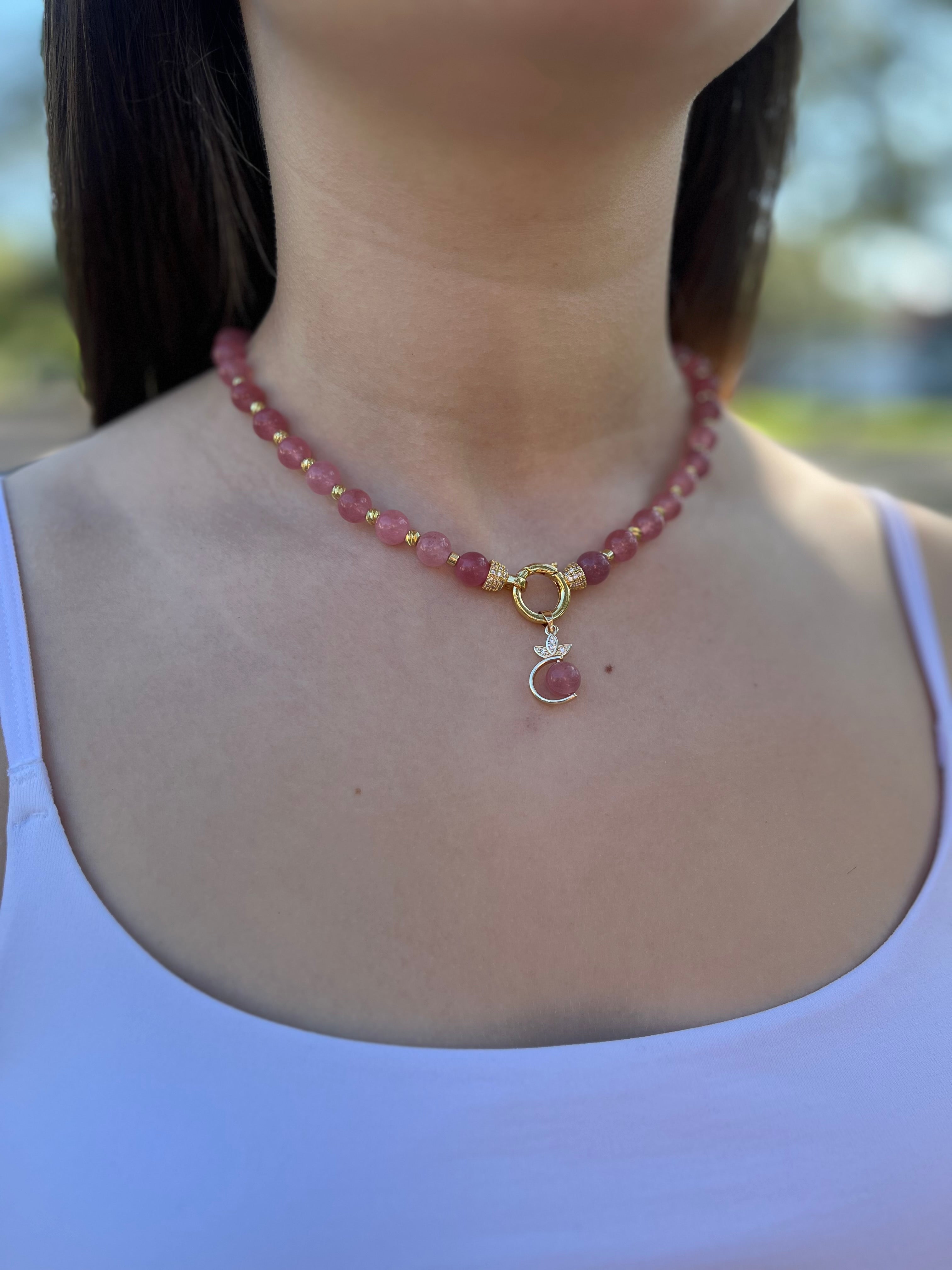 Strawberry Quartz Necklace with pendant: 18K Gold Plated Pendant