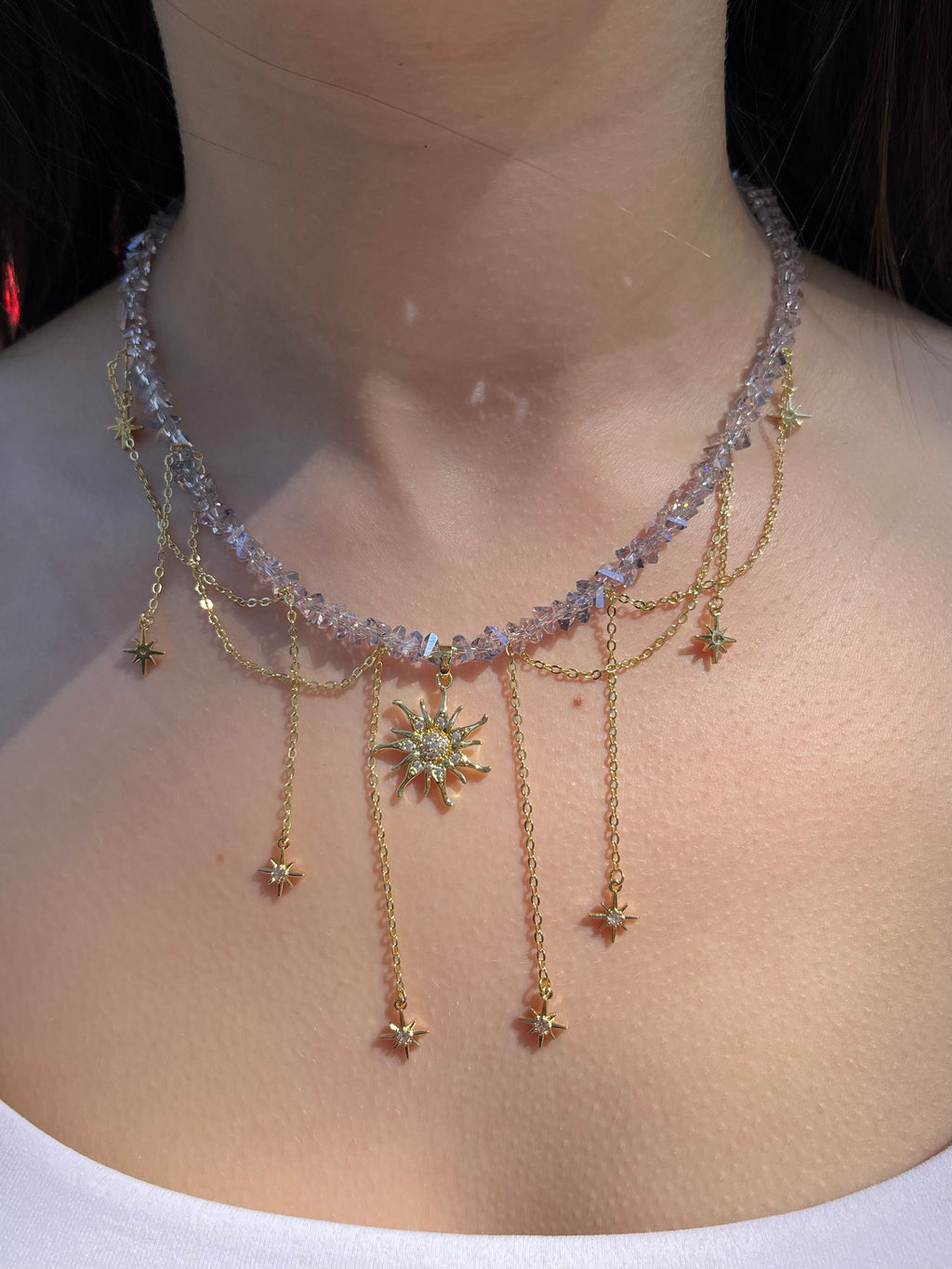 Handmade Crystal Sun & Star Necklace, 18K Gold Plated