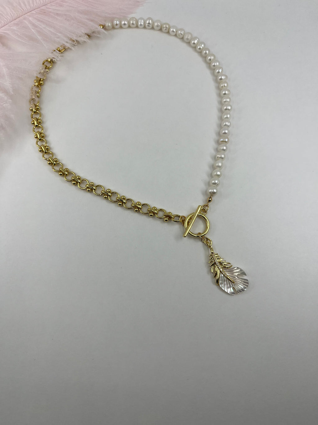 Asymmetrical Pearl Necklace with Feather Pendant, 18K Gold Plated Chain