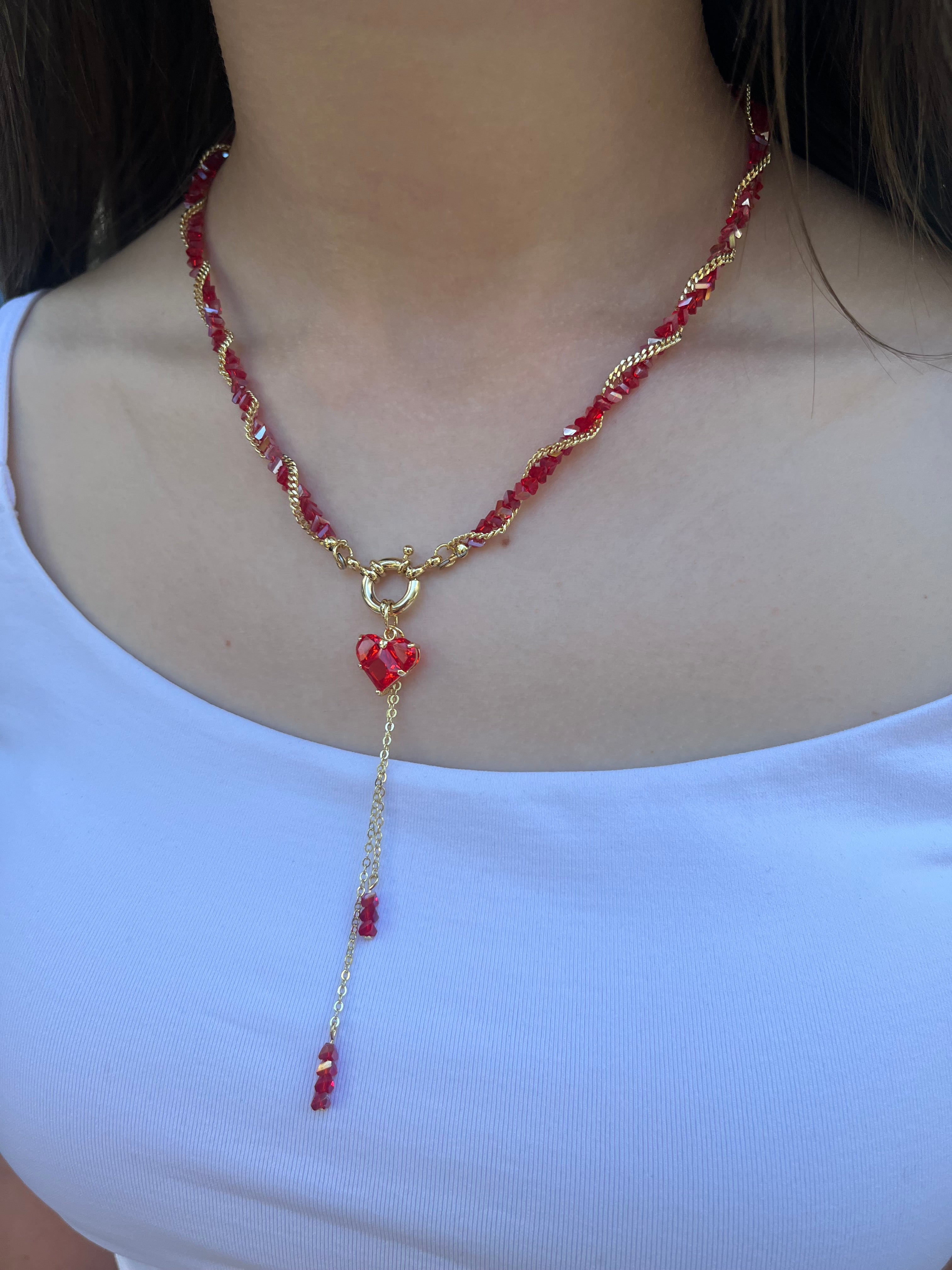 Set: Heart Red Crystal Y-Necklace and Earrings – 18K Gold Plated, Cubic Zirconia