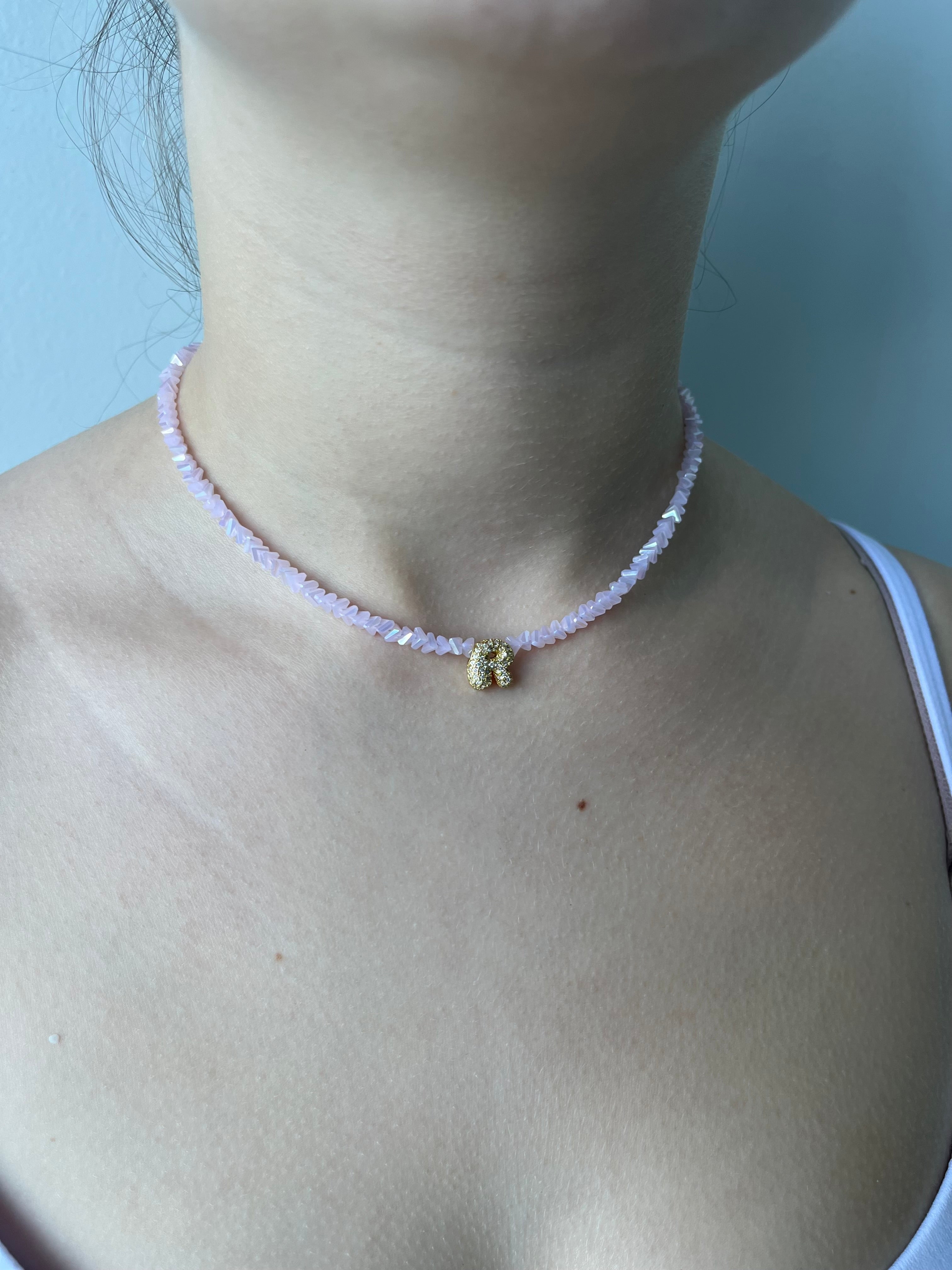 Initial Charm Pink Crystal Necklace – 18K Gold Plated, Cubic Zirconia