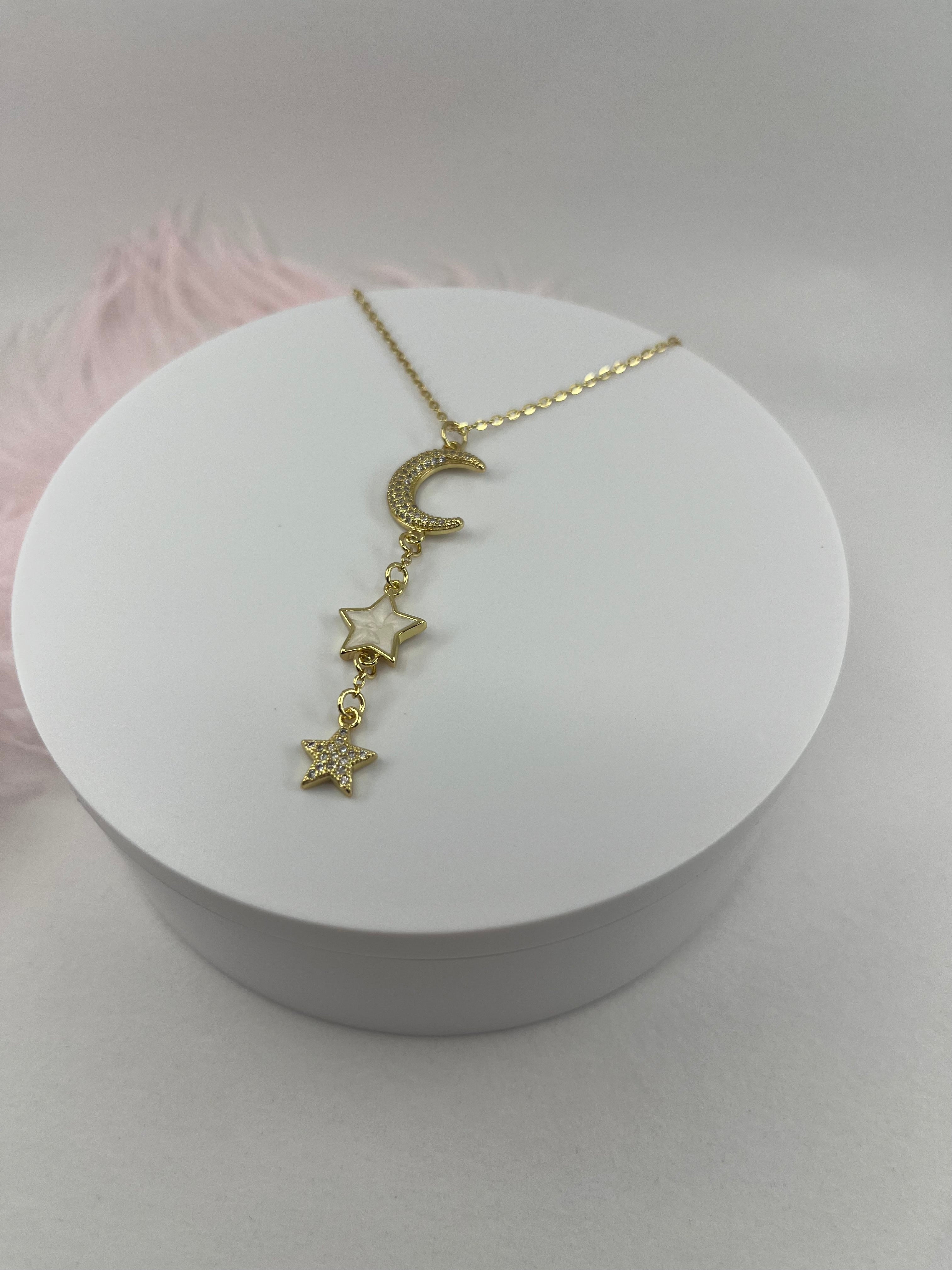 Zirconia Star and Moon Choker Necklace, Real 18K Gold Plated