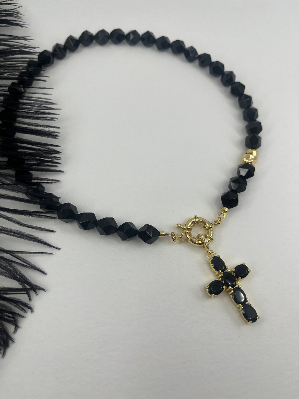 Natural Black Onyx Necklace with Gold Zirconia Cross