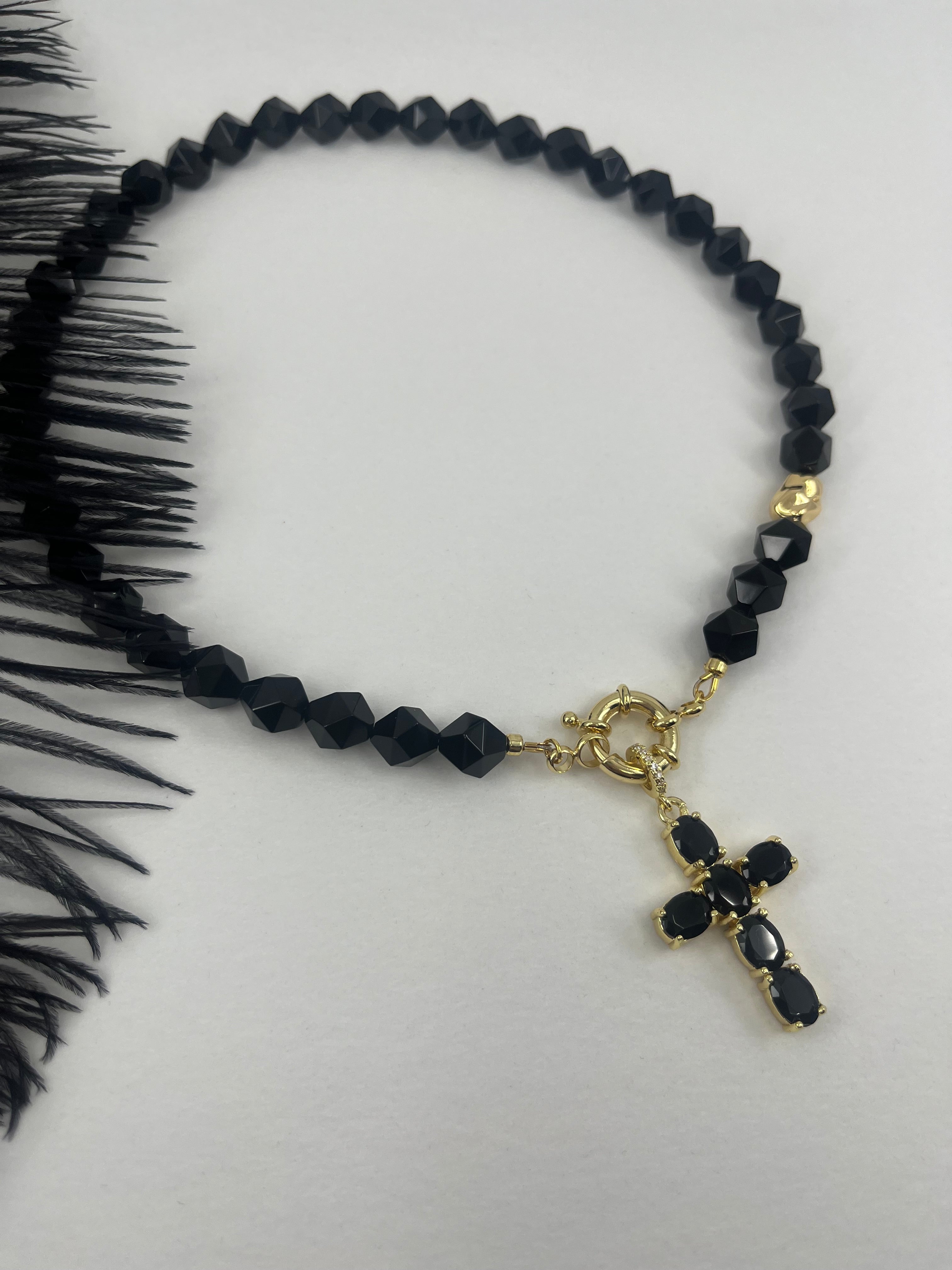 Natural Black Onyx Necklace with Gold Zirconia Cross