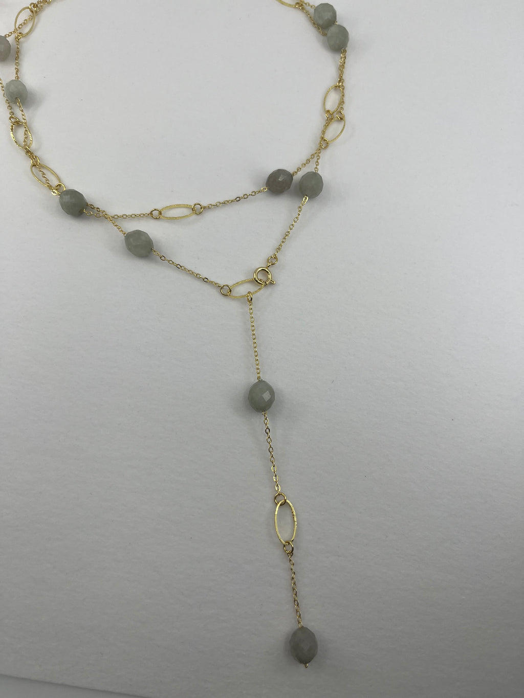 Layered Long Natural Malaysia Jade Necklace with 18K Gold chain