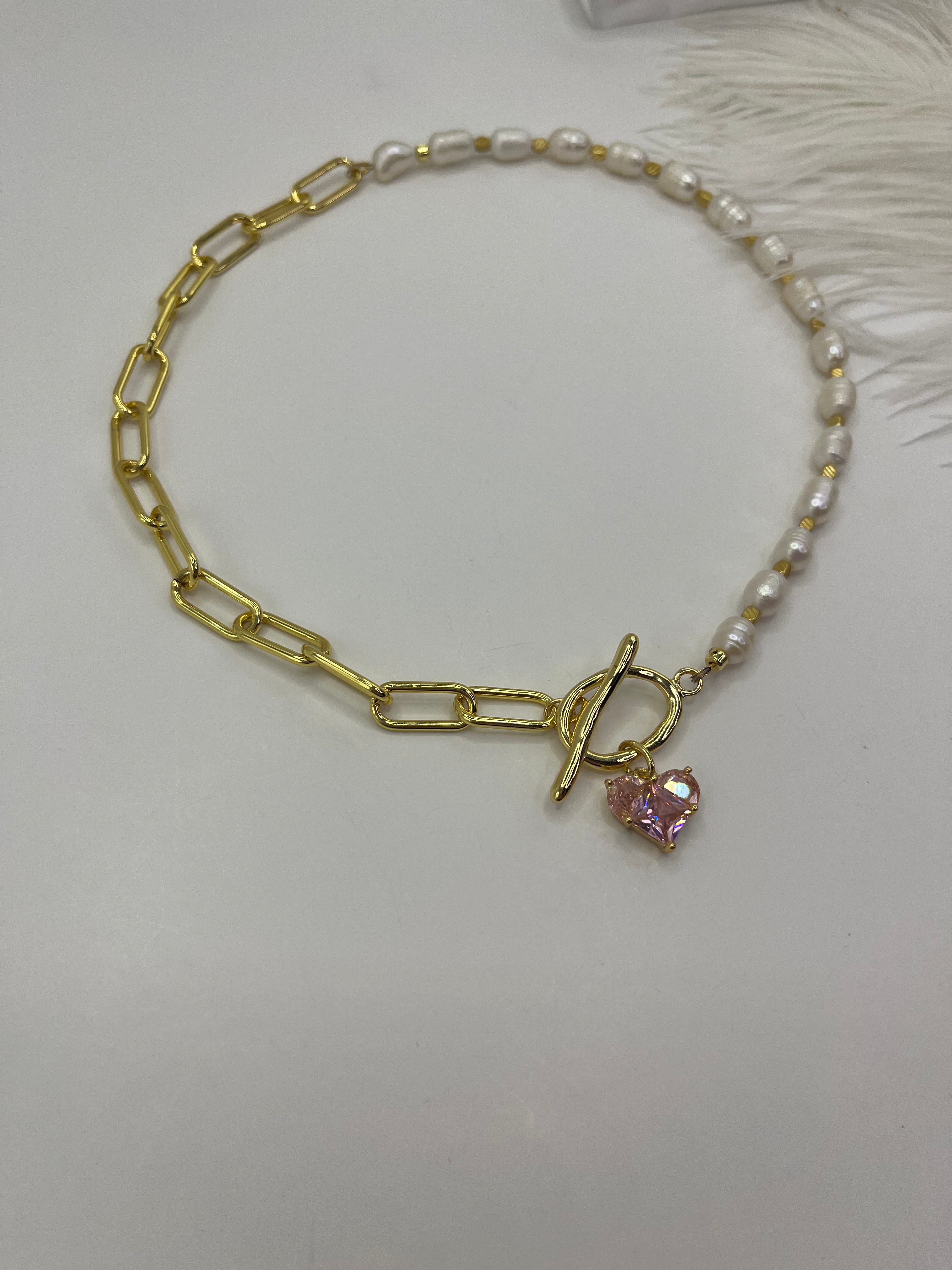 Asymmetrical Pearl Choker Necklace with earrings : 18K Gold Plated
