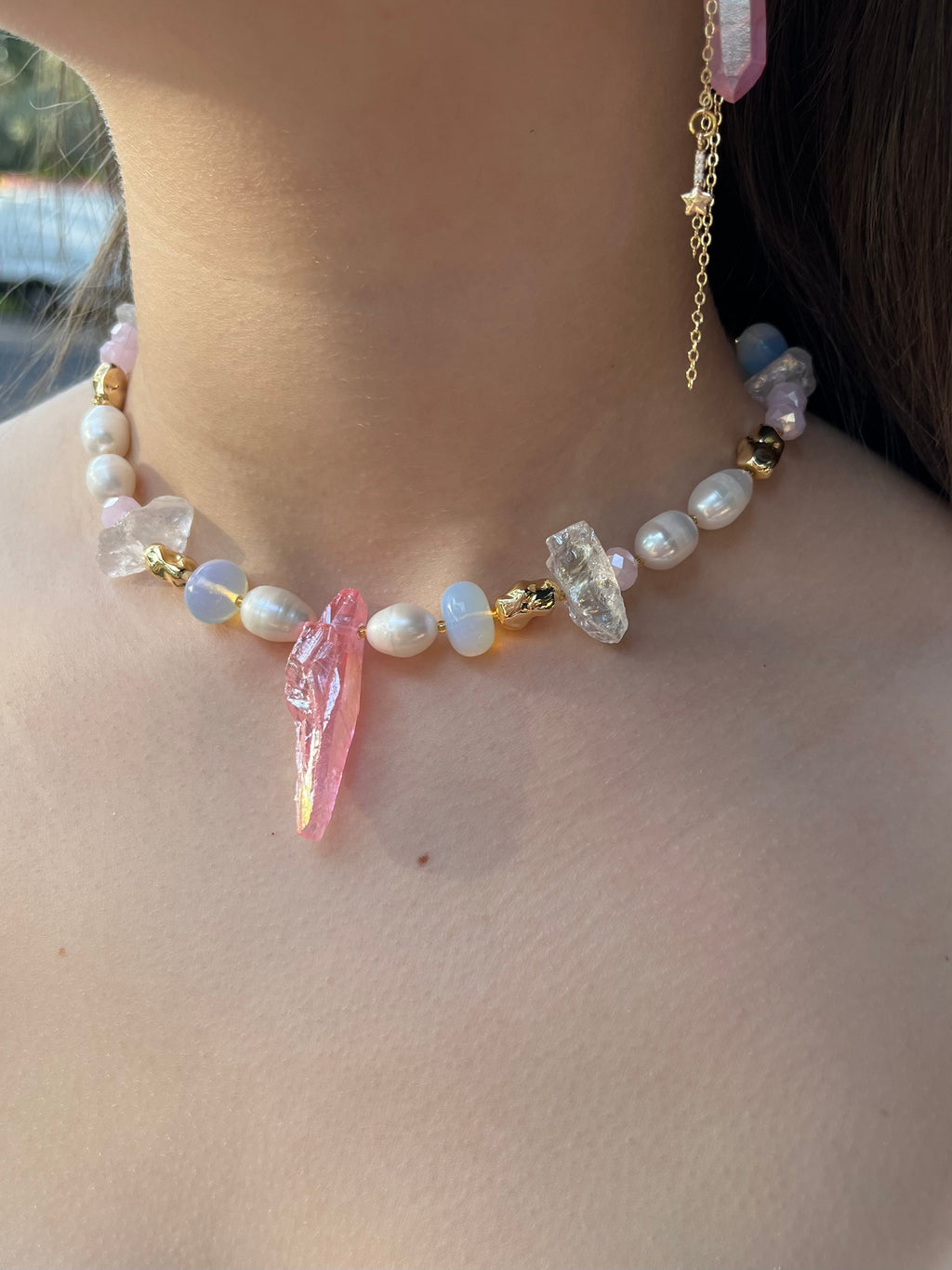 Set: Rose Quartz and Pearls Necklace and Earrings