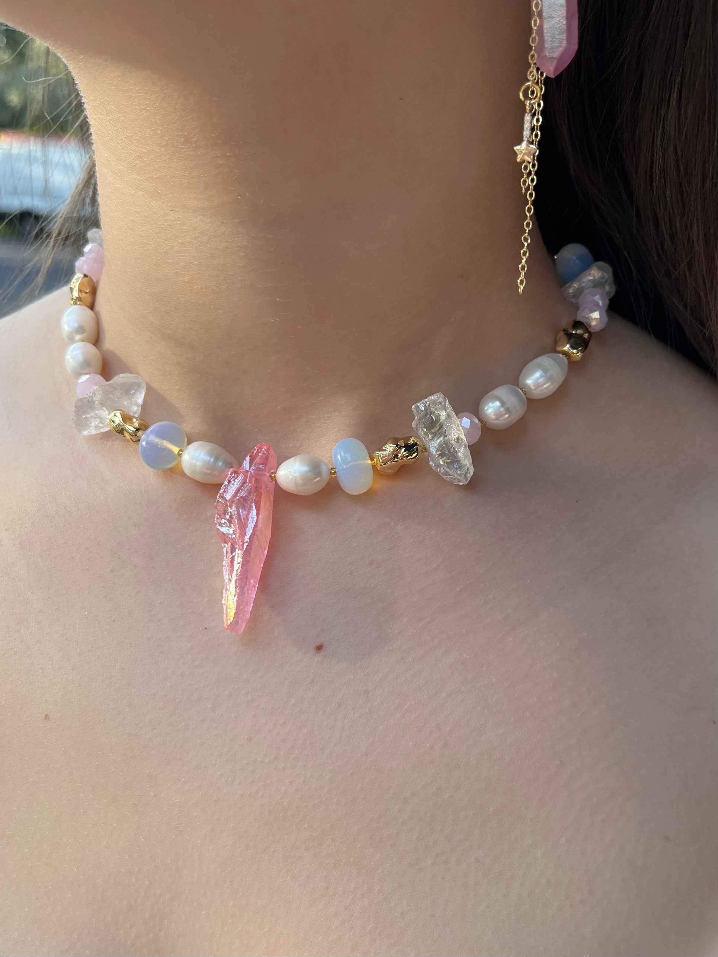 Set: Rose Quartz and Pearls Necklace and Earrings