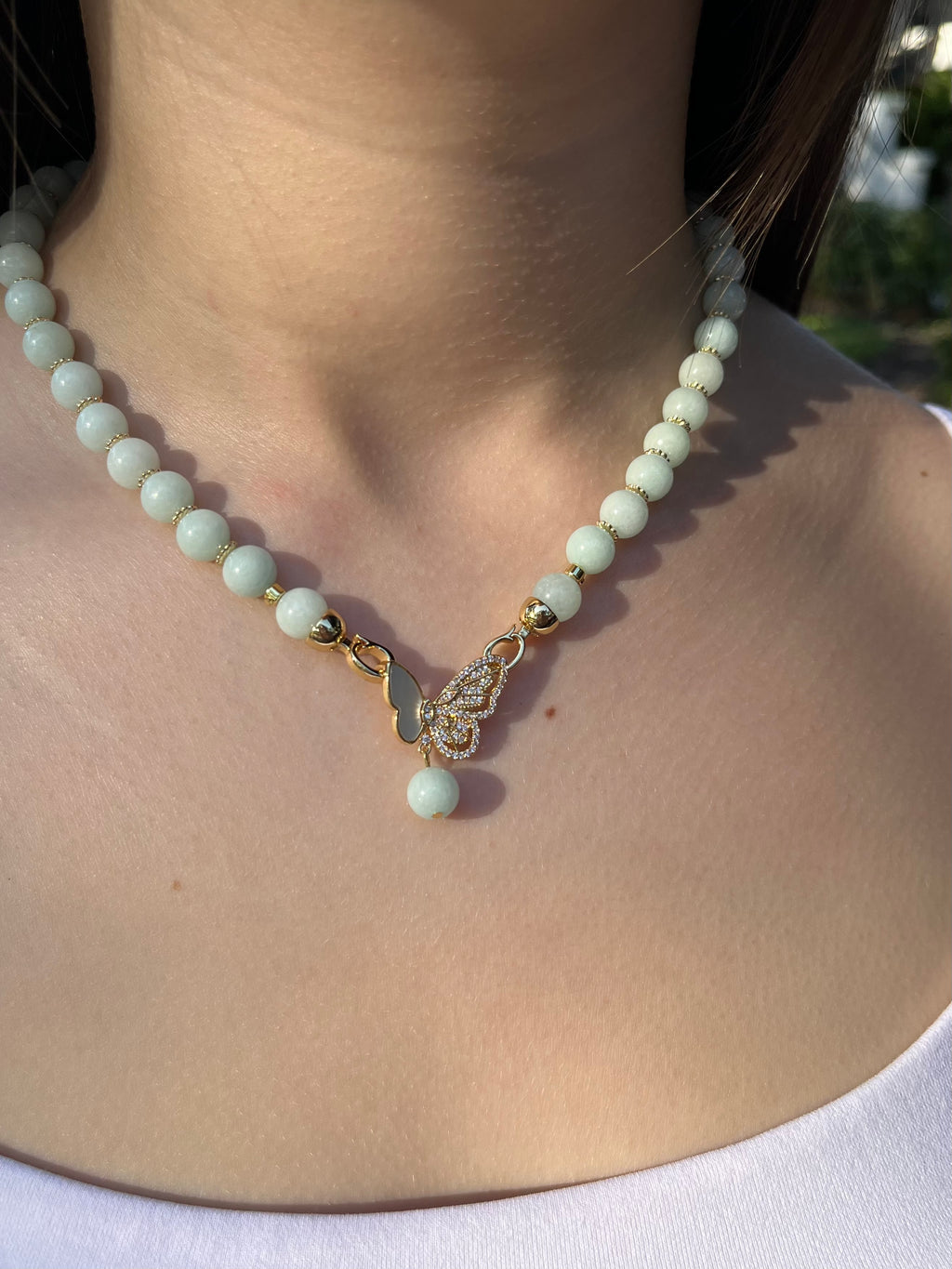 Natural Malaysia Jade Necklace with 18K Gold Butterfly Clasp