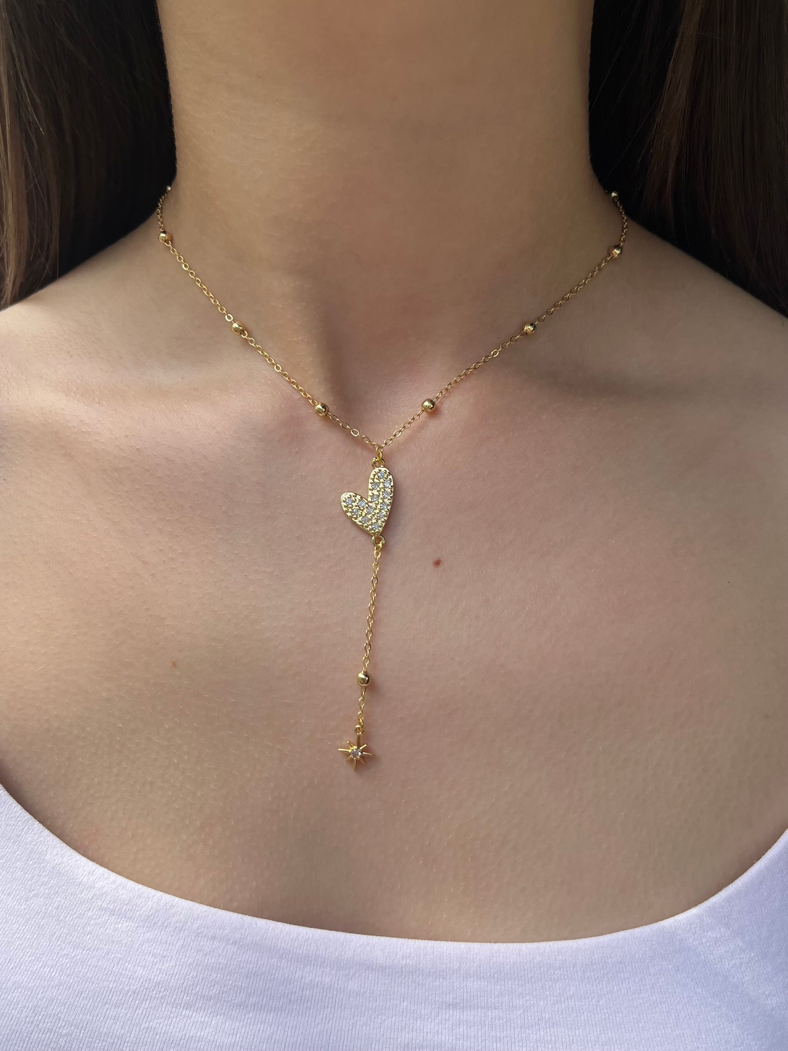 Lariat Y-Necklace, zirconia heart pendant 18k gold plated