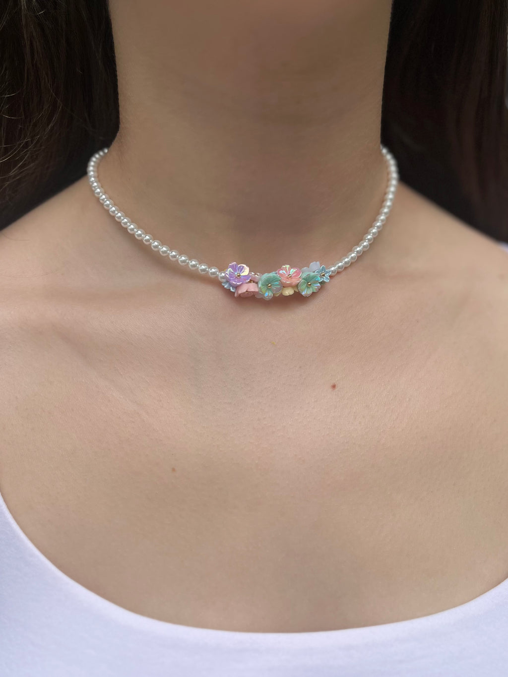 Pearl Flowers Choker Necklace with earrings : 18K Gold Plated