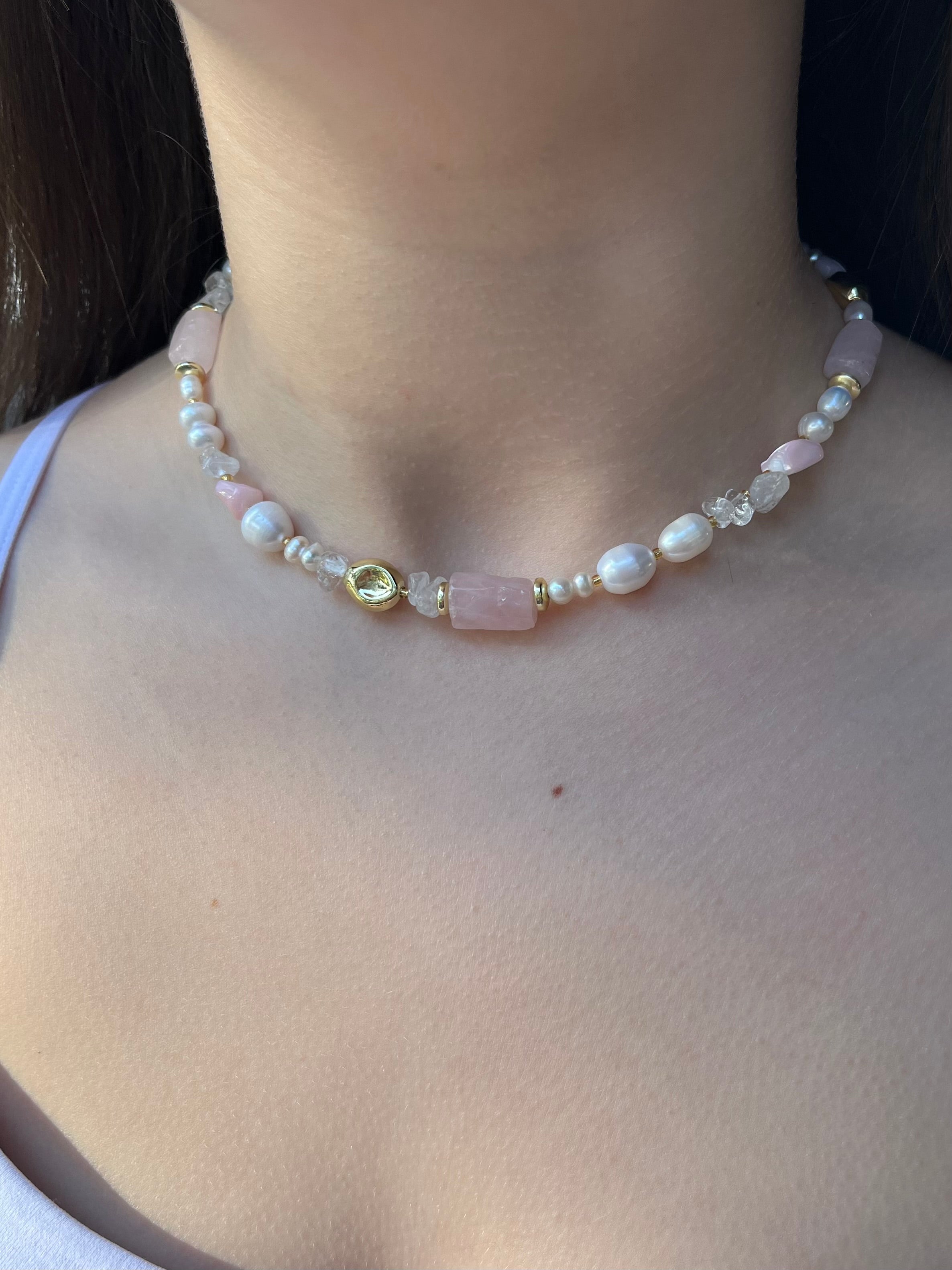 Set: Pearl and Rose Quartz Necklace and Earrings
