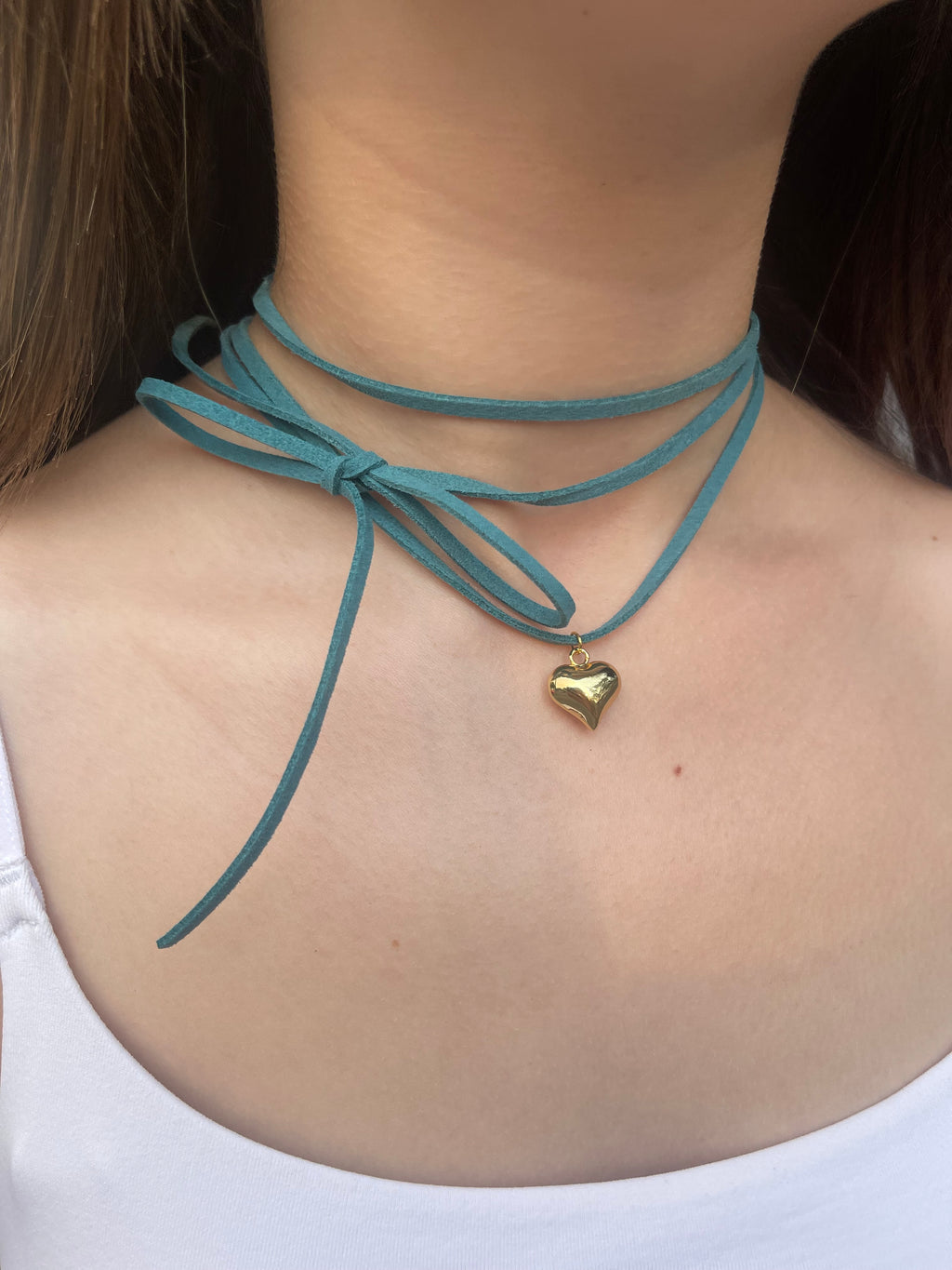Turquoise Suede Bow Tie Wrap Choker, 18K gold Heart Pendant Necklace