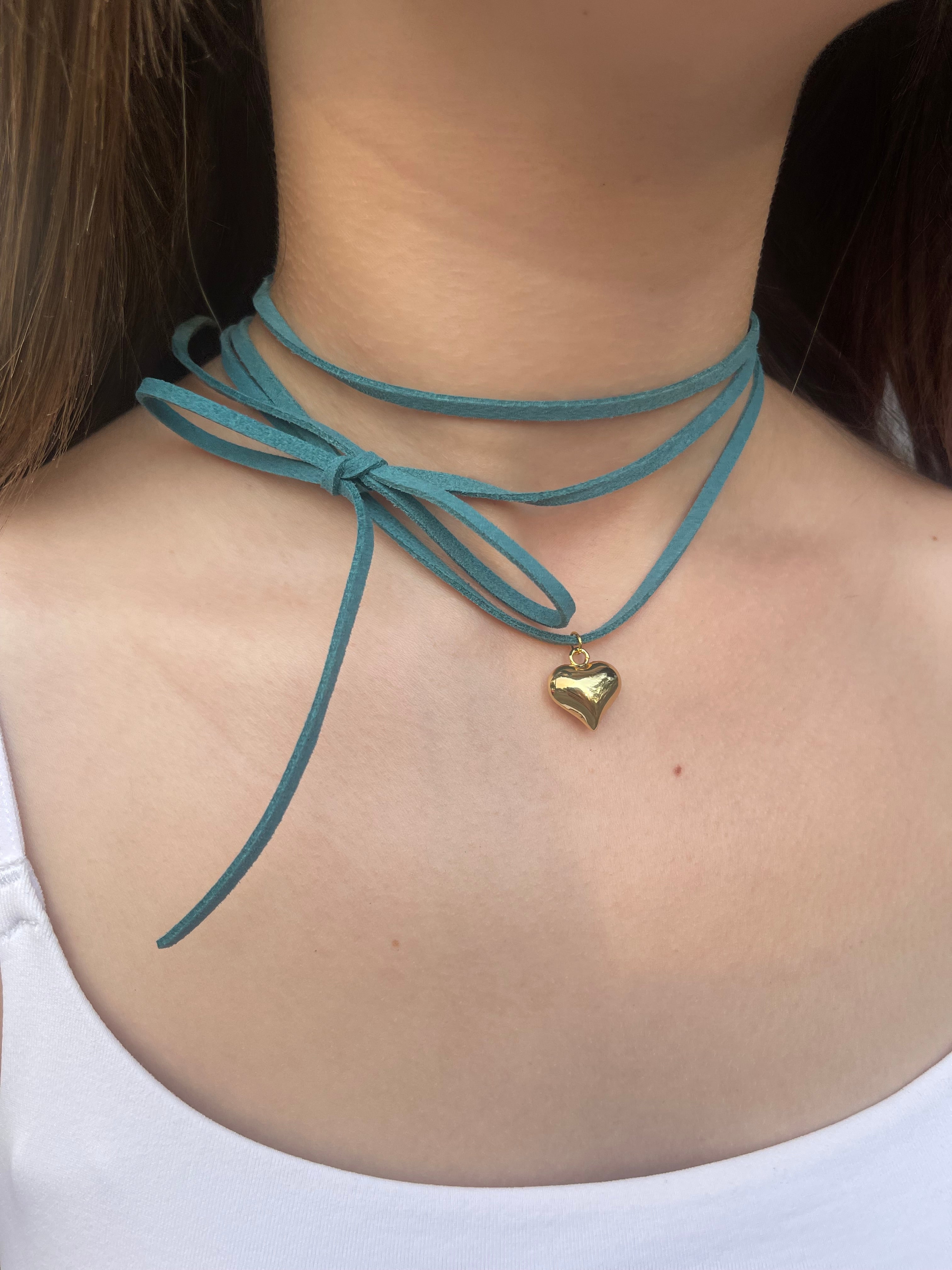 Turquoise Suede Bow Tie Wrap Choker, 18K gold Heart Pendant Necklace