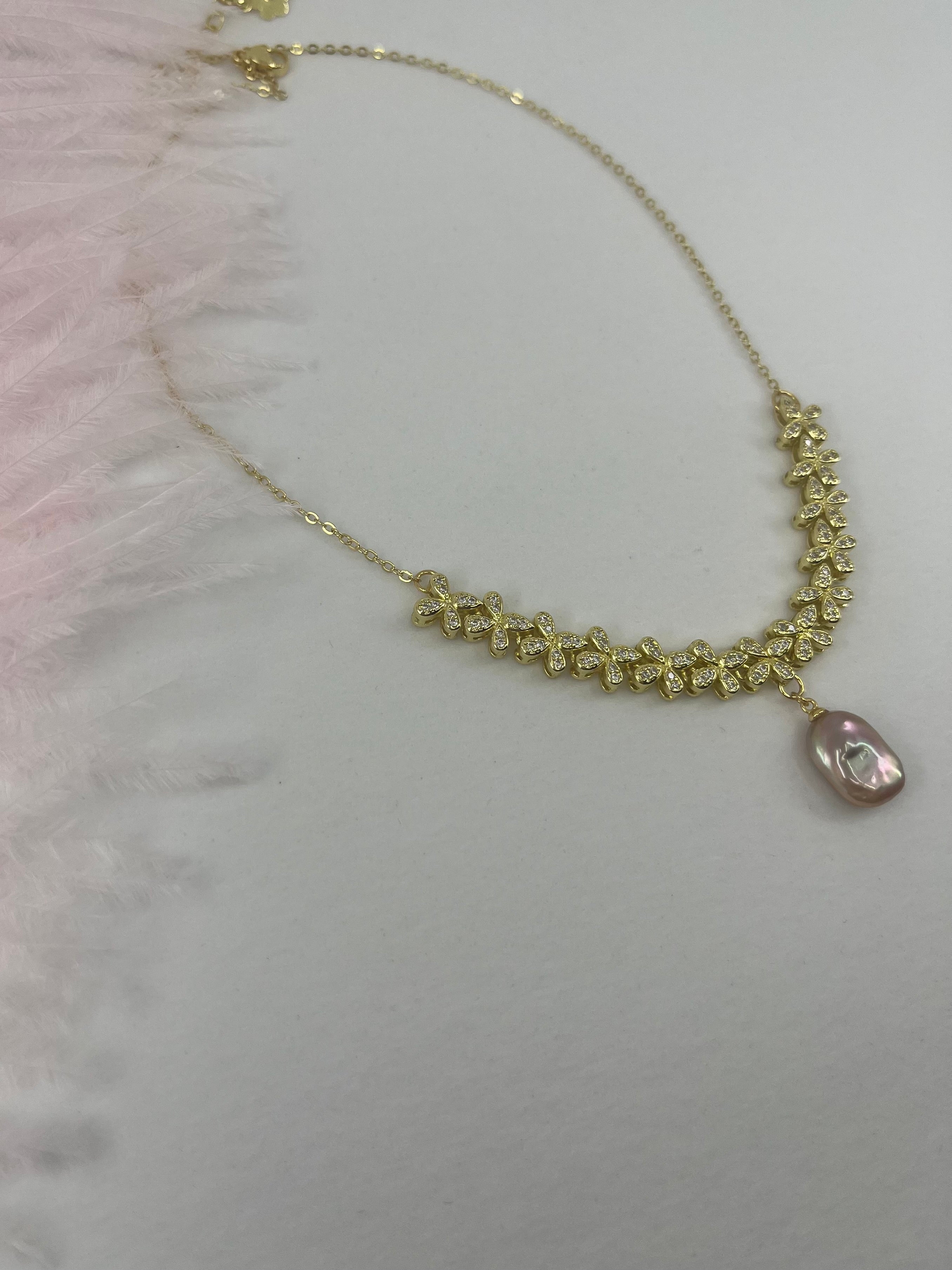 Baroque Pearl and zirconia Y-Necklace, 18k gold plated