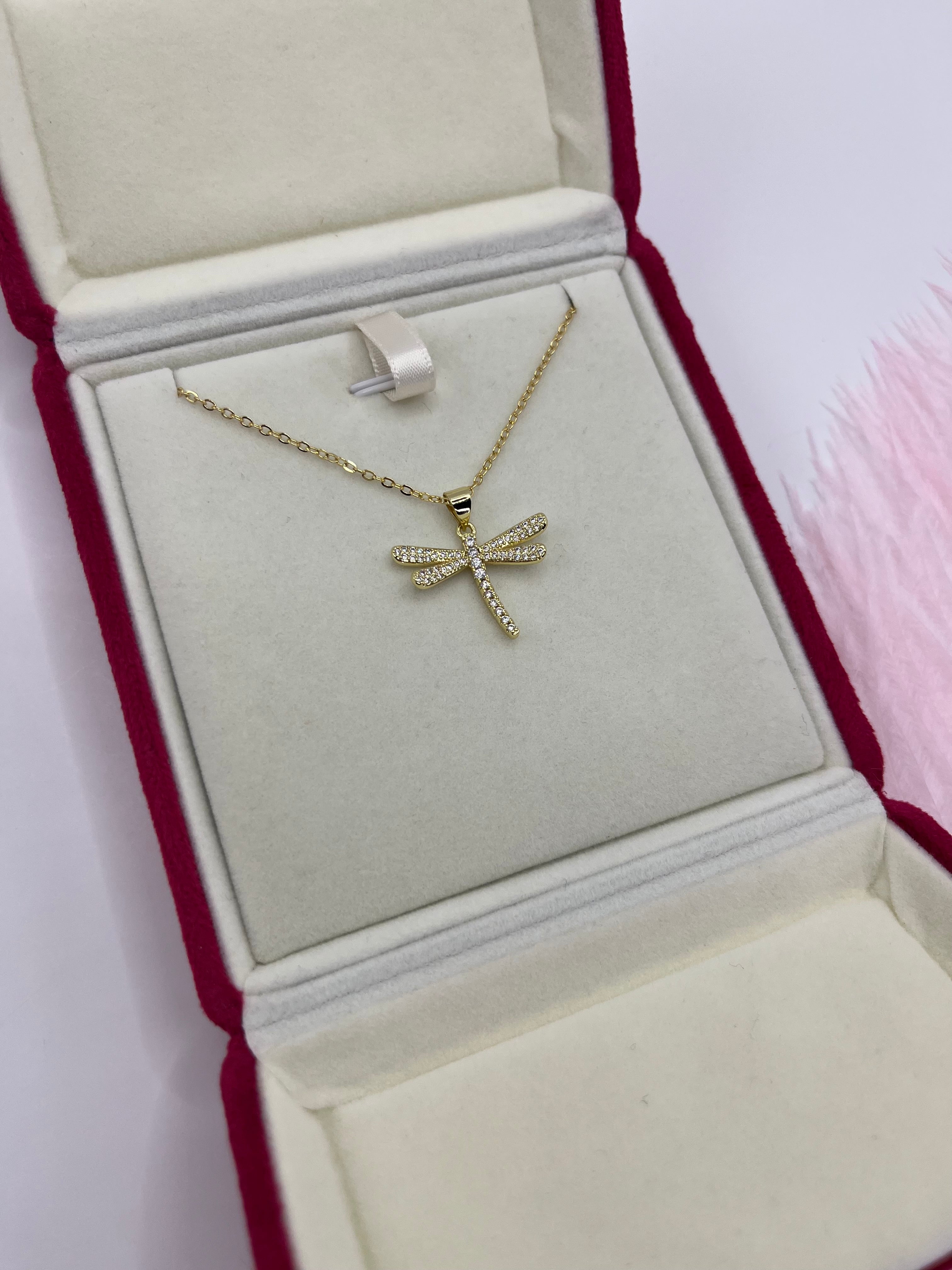 Dragonfly Necklace, pendant  Real 18K Gold Plated
