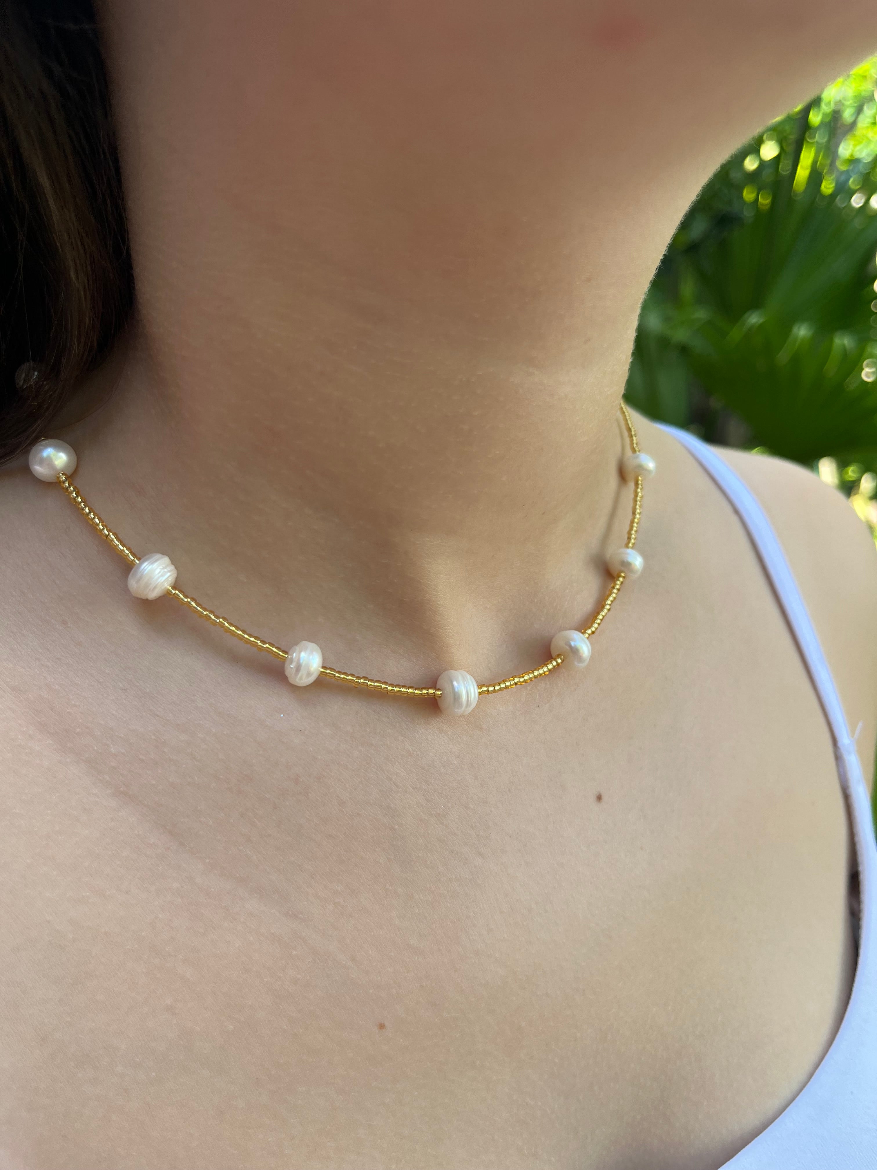 Freshwater Pearl & Miyuki Glass Bead Necklace – 18K Gold Plated Clasp