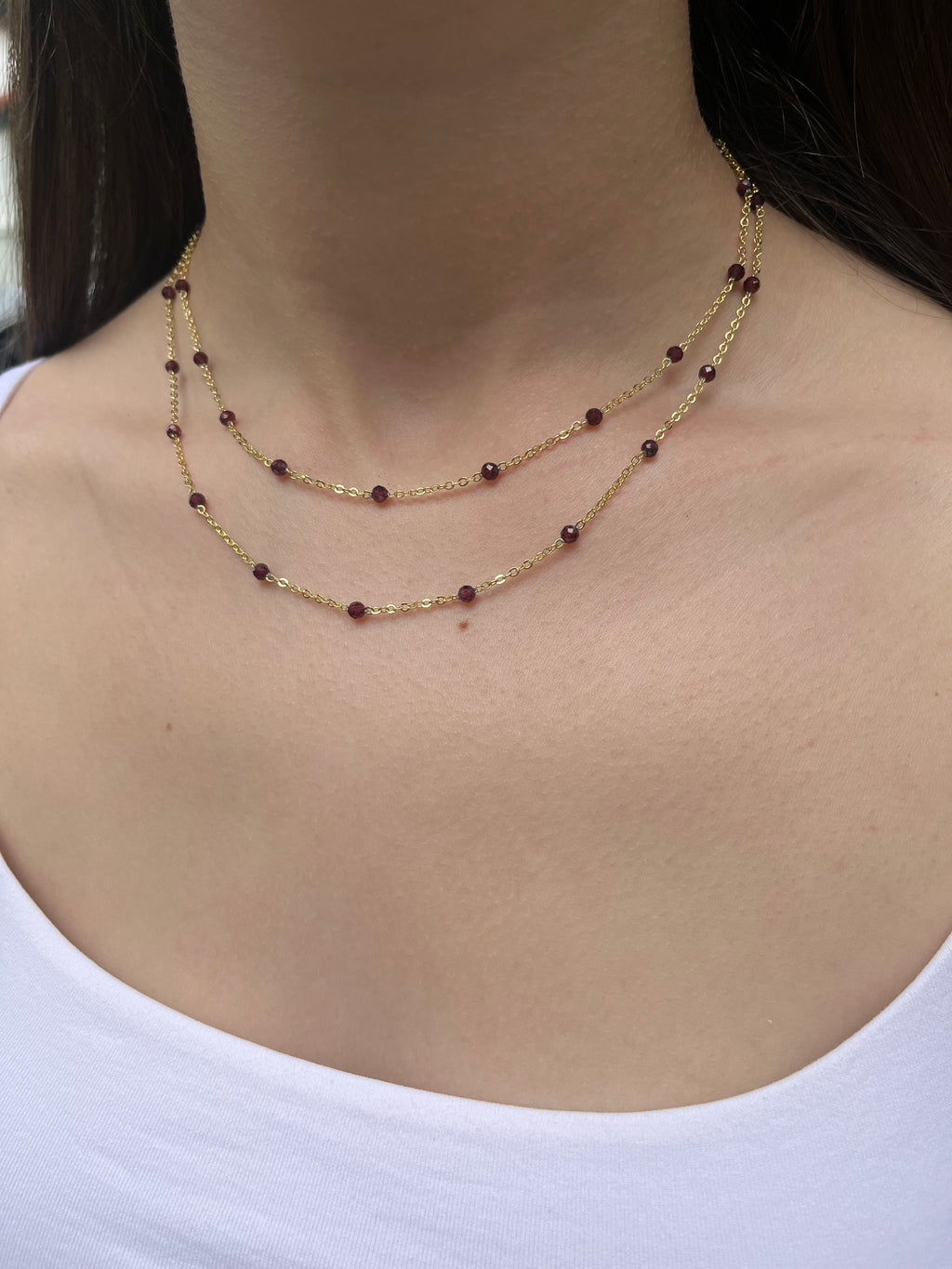 Layered Garnet necklace , 18K gold clasp