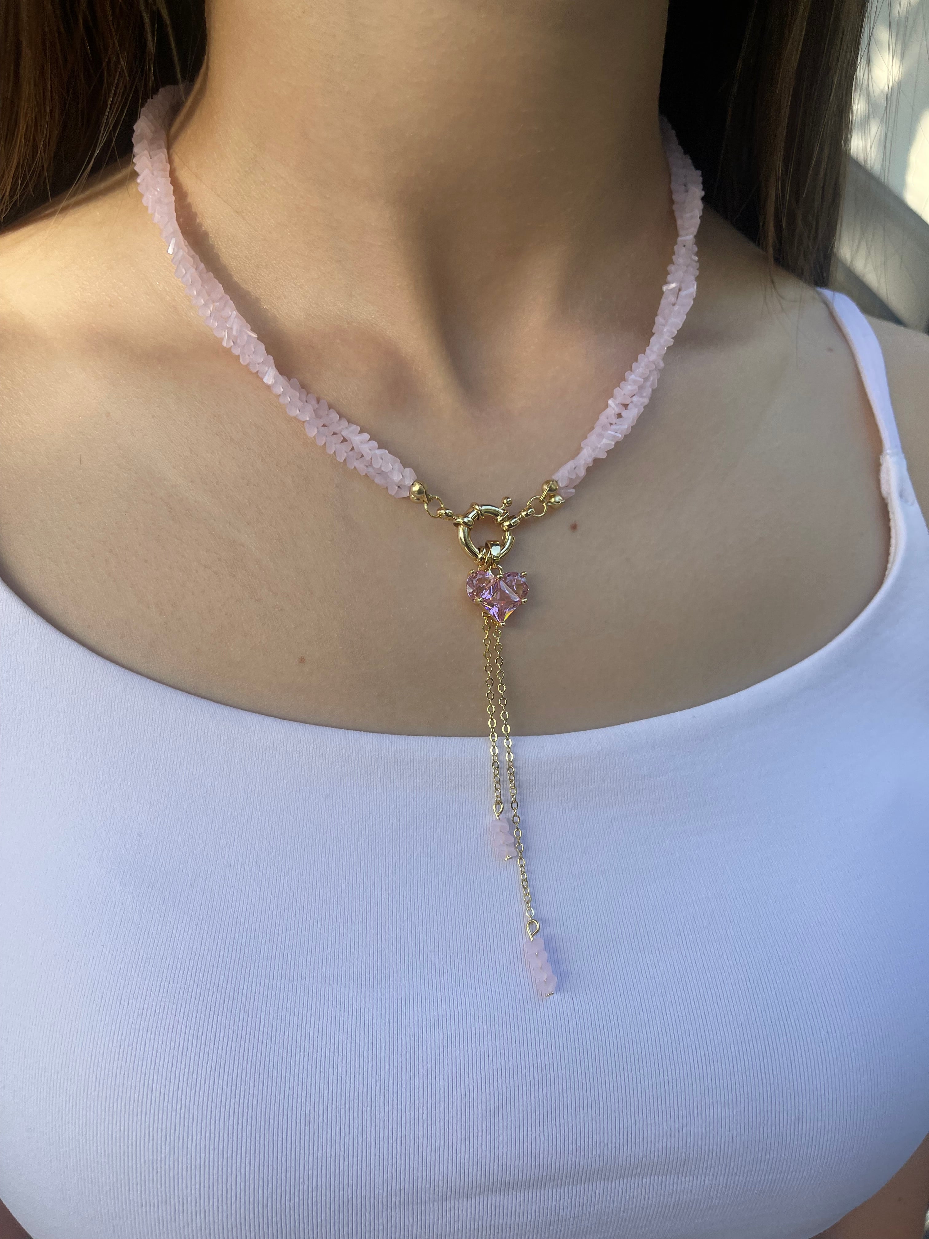 Set: Heart Pink Crystal Y-Necklace and Earrings – 18K Gold Plated, Cubic Zirconia