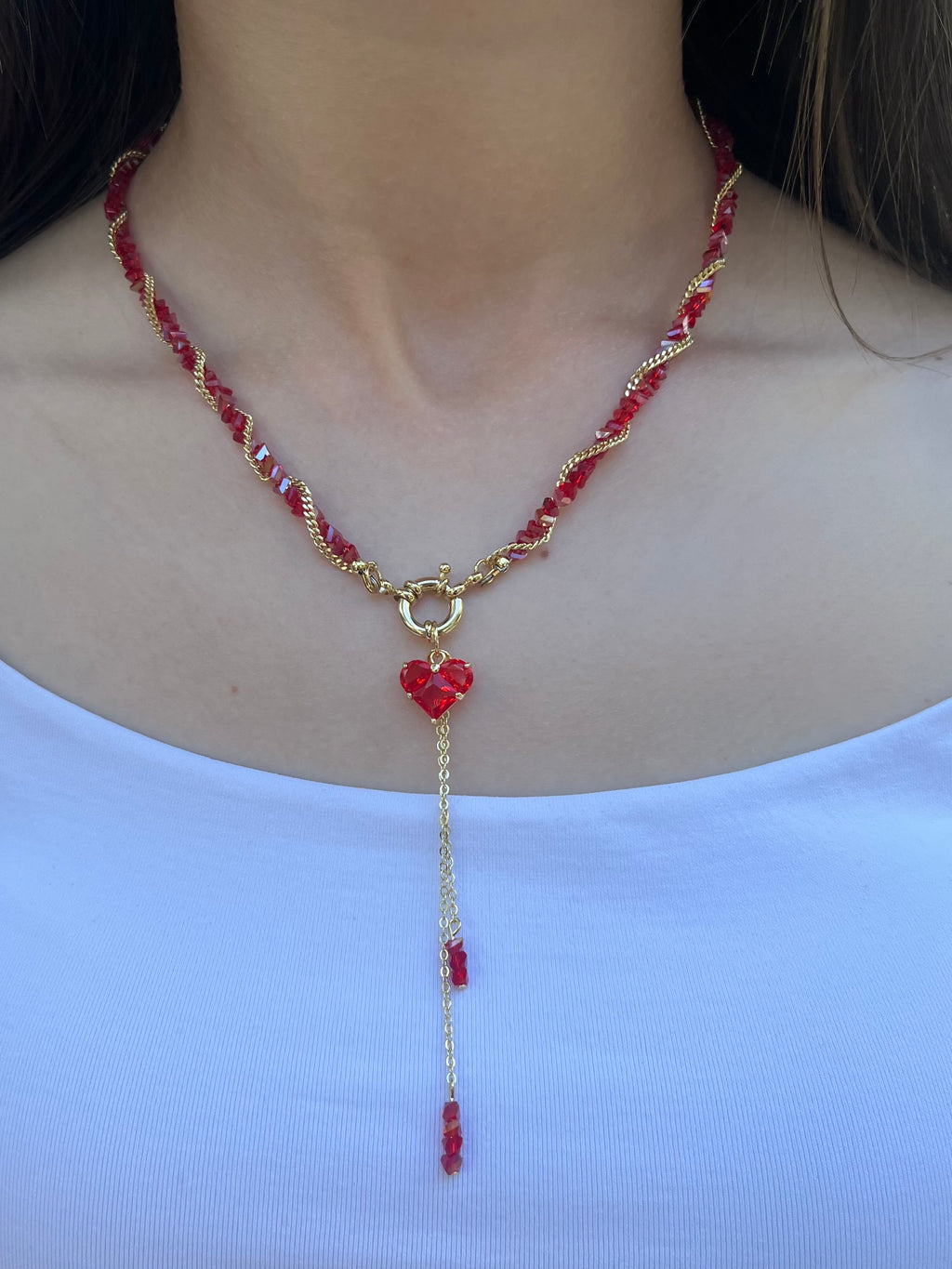 Set: Heart Red Crystal Y-Necklace and Earrings – 18K Gold Plated, Cubic Zirconia