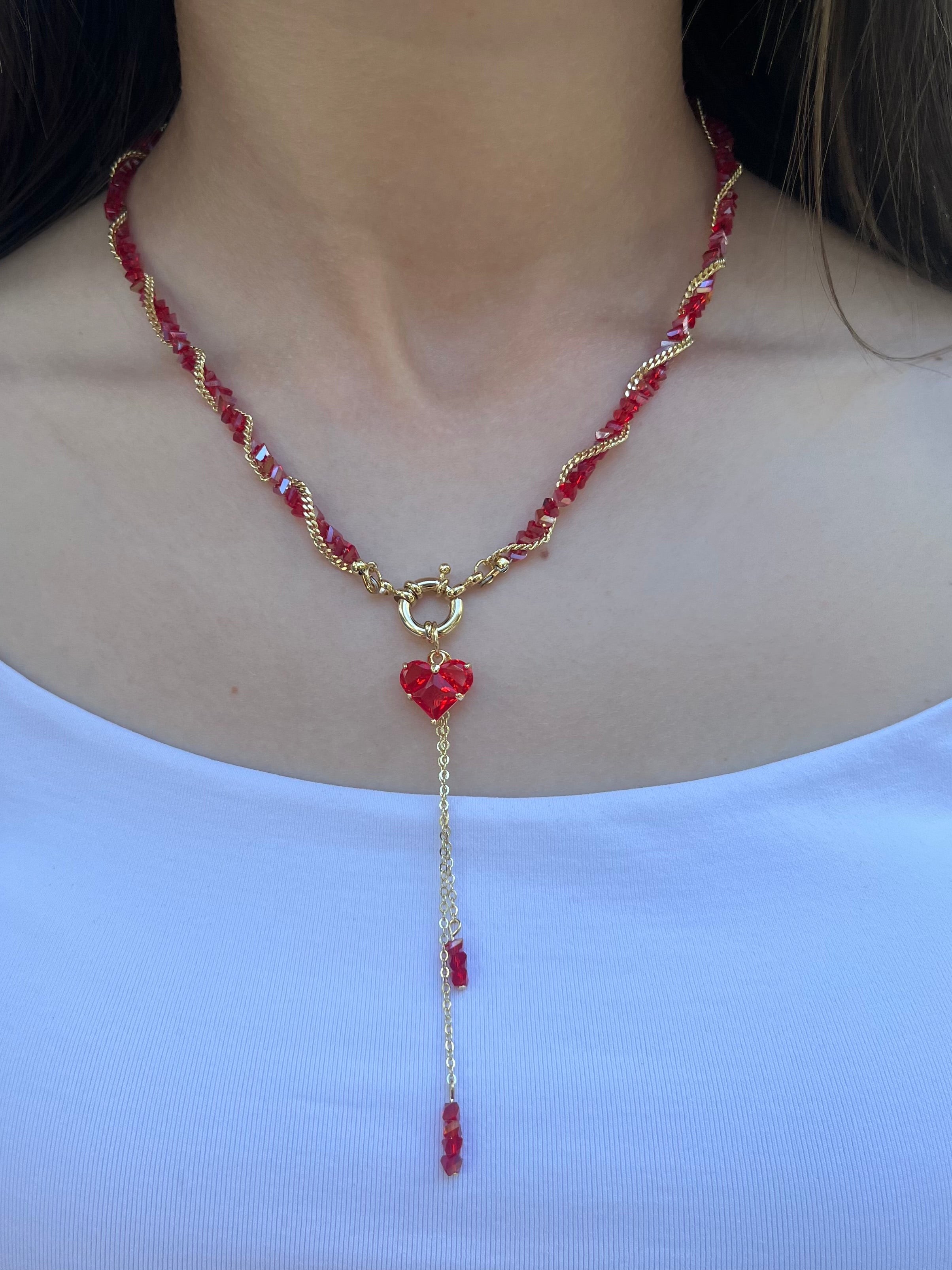 Set: Heart Red Crystal Y-Necklace and Earrings – 18K Gold Plated, Cubic Zirconia