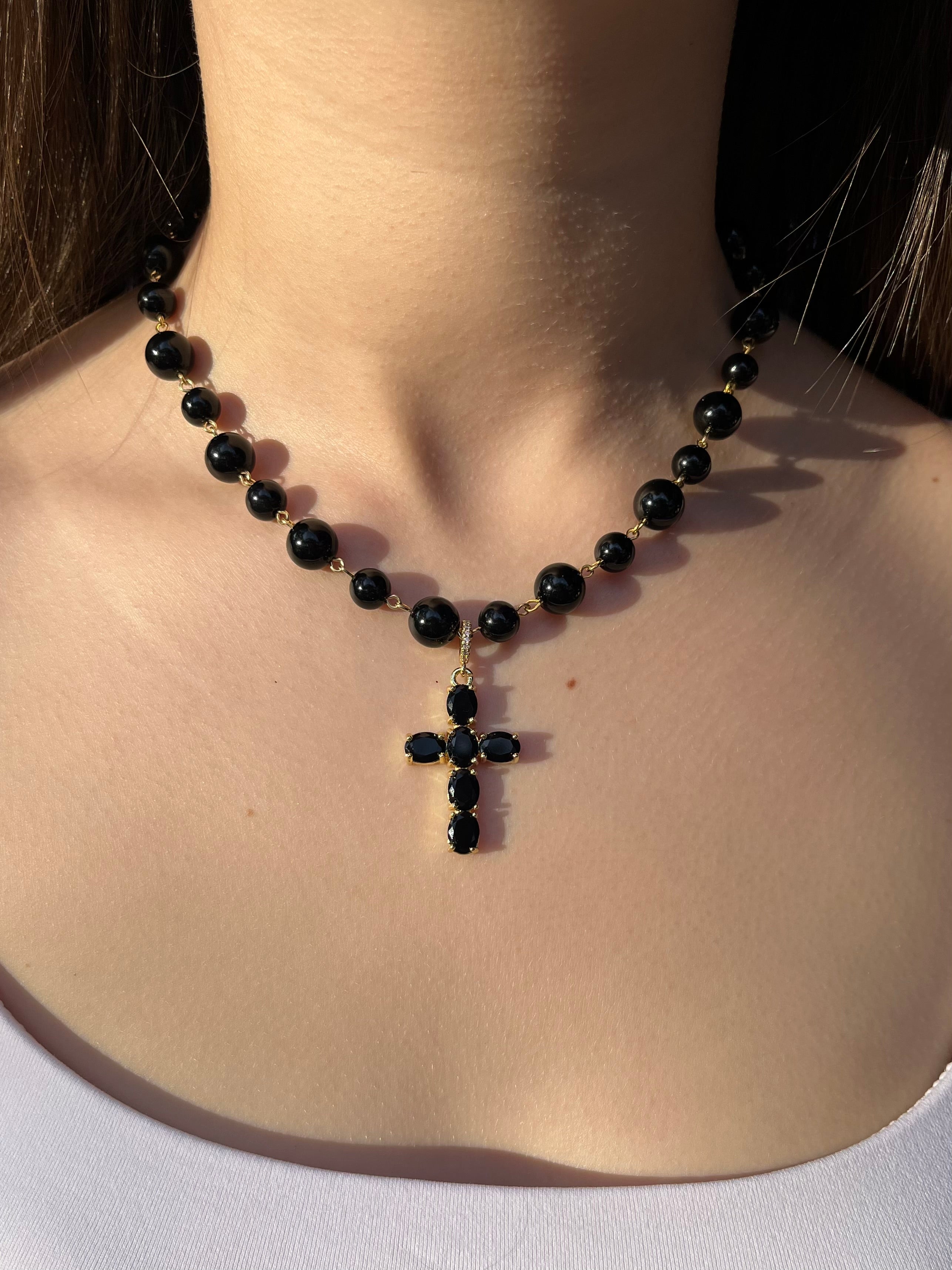 Black Onyx Necklace– 18K Gold Plated Zirconia Cross