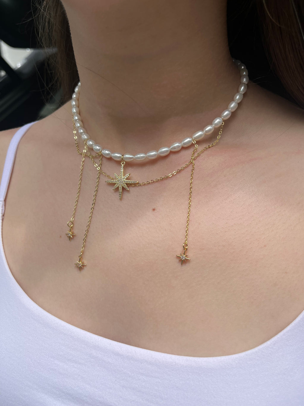Layered Pearl Star Necklace, 18K Gold Plated