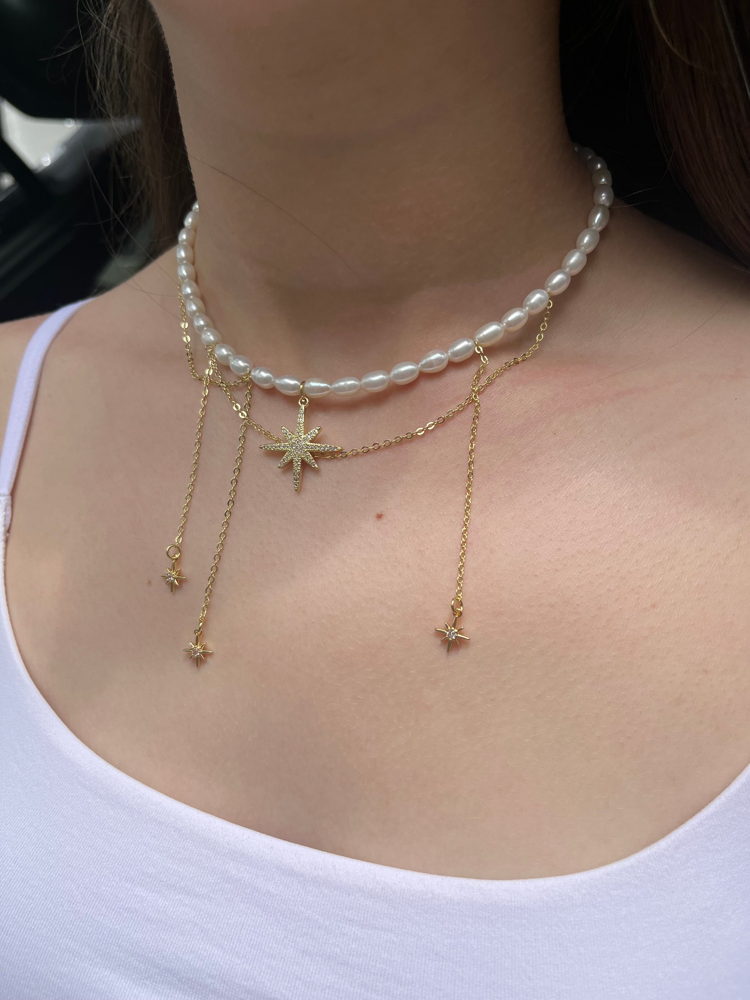 Layered Pearl Star Necklace, 18K Gold Plated