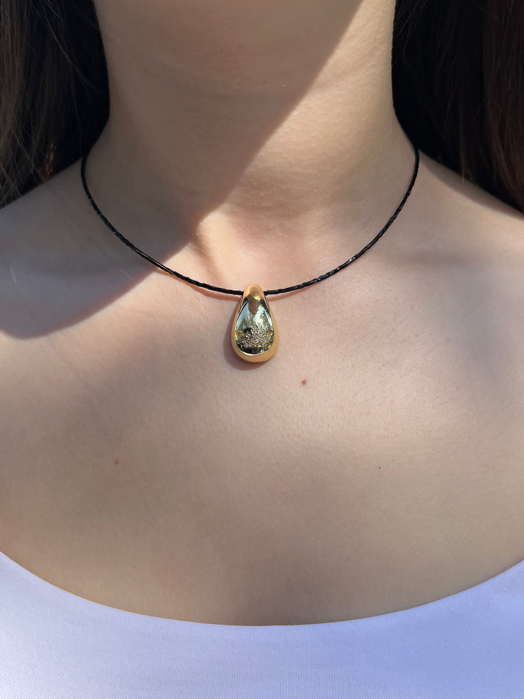 Black beaded choker with gold teardrop crown pendants: 18K Gold Plated