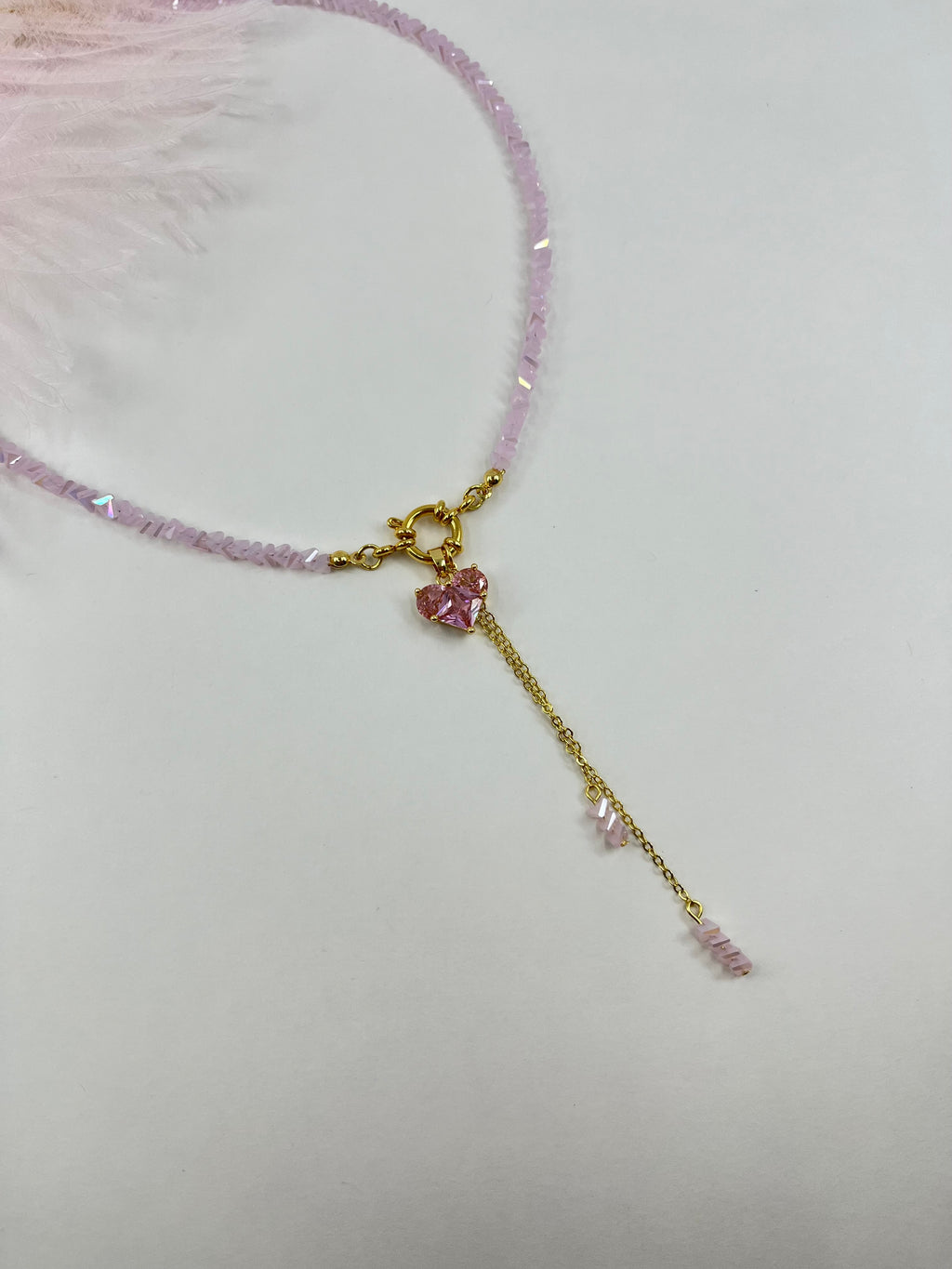 Set: Heart Pink Crystal Y-Necklace and Earrings – 18K Gold Plated, Cubic Zirconia