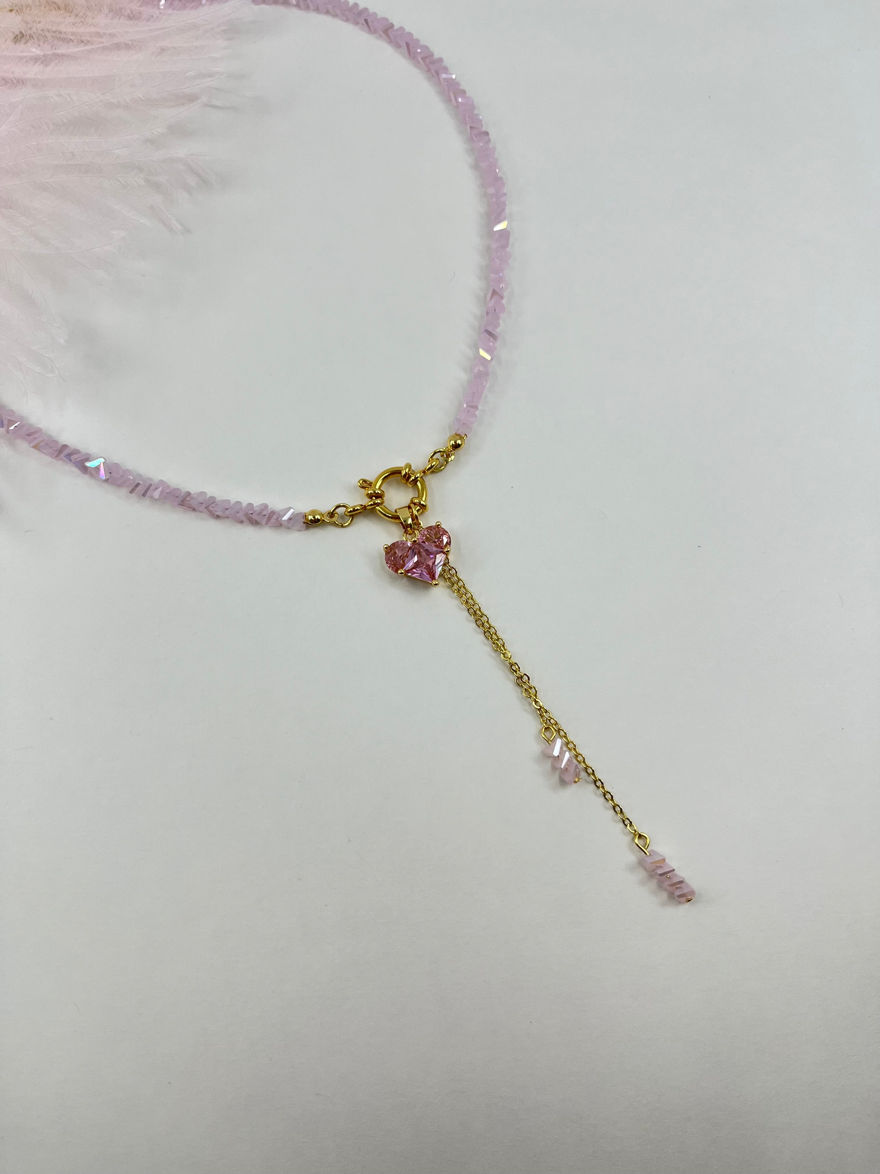 Set: Heart Pink Crystal Y-Necklace and Earrings – 18K Gold Plated, Cubic Zirconia