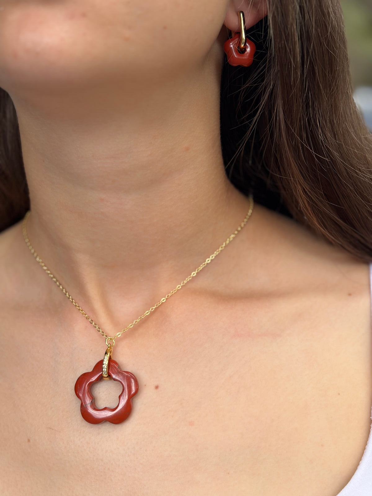 Red jasper flower Earrings and necklace,18K Gold Plated