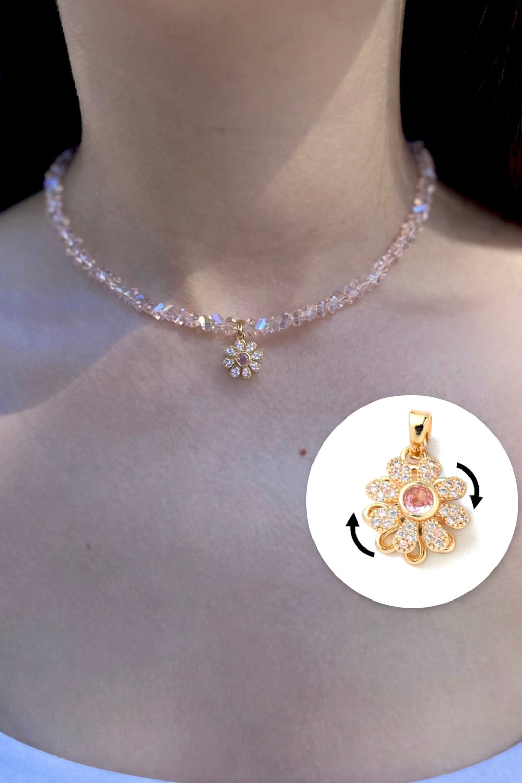 Flower Spinner Crystal Necklace, 18k gold plated