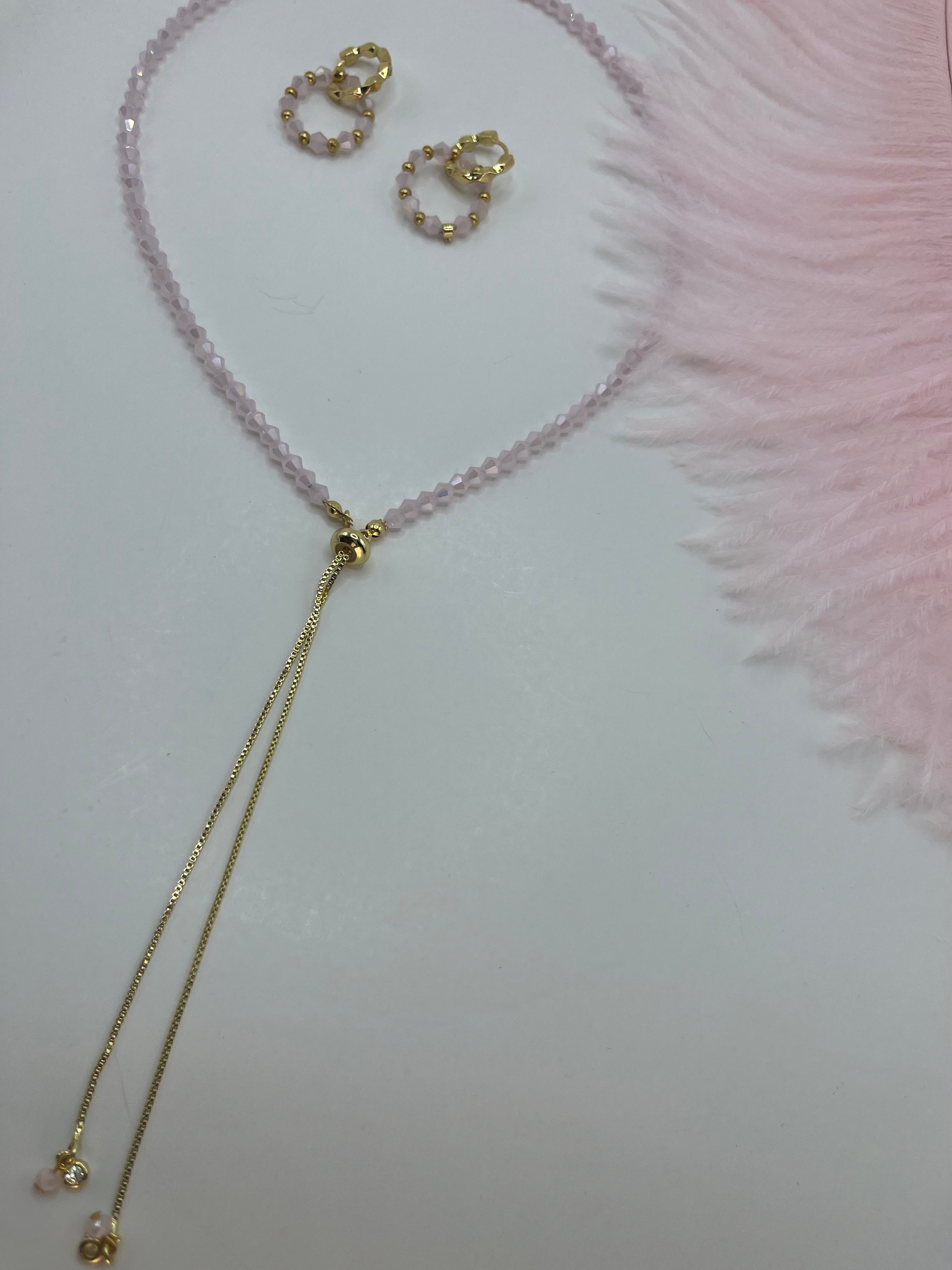 Set Pink Beaded Choker Necklace with Earrings – 18K Gold Plated