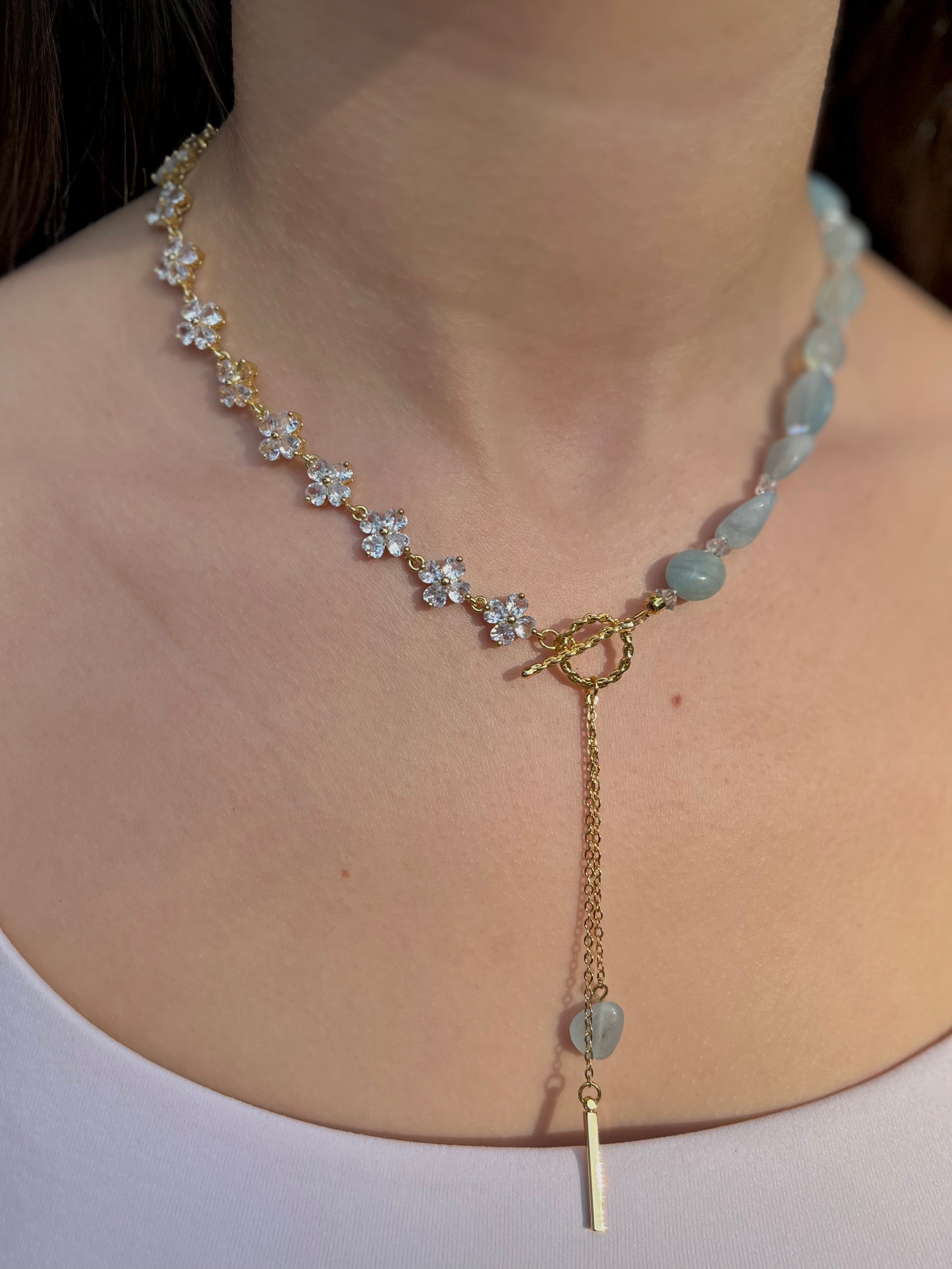 Asymmetrical Aquamarine Y-Necklace, zirconia chain, Bar pendant