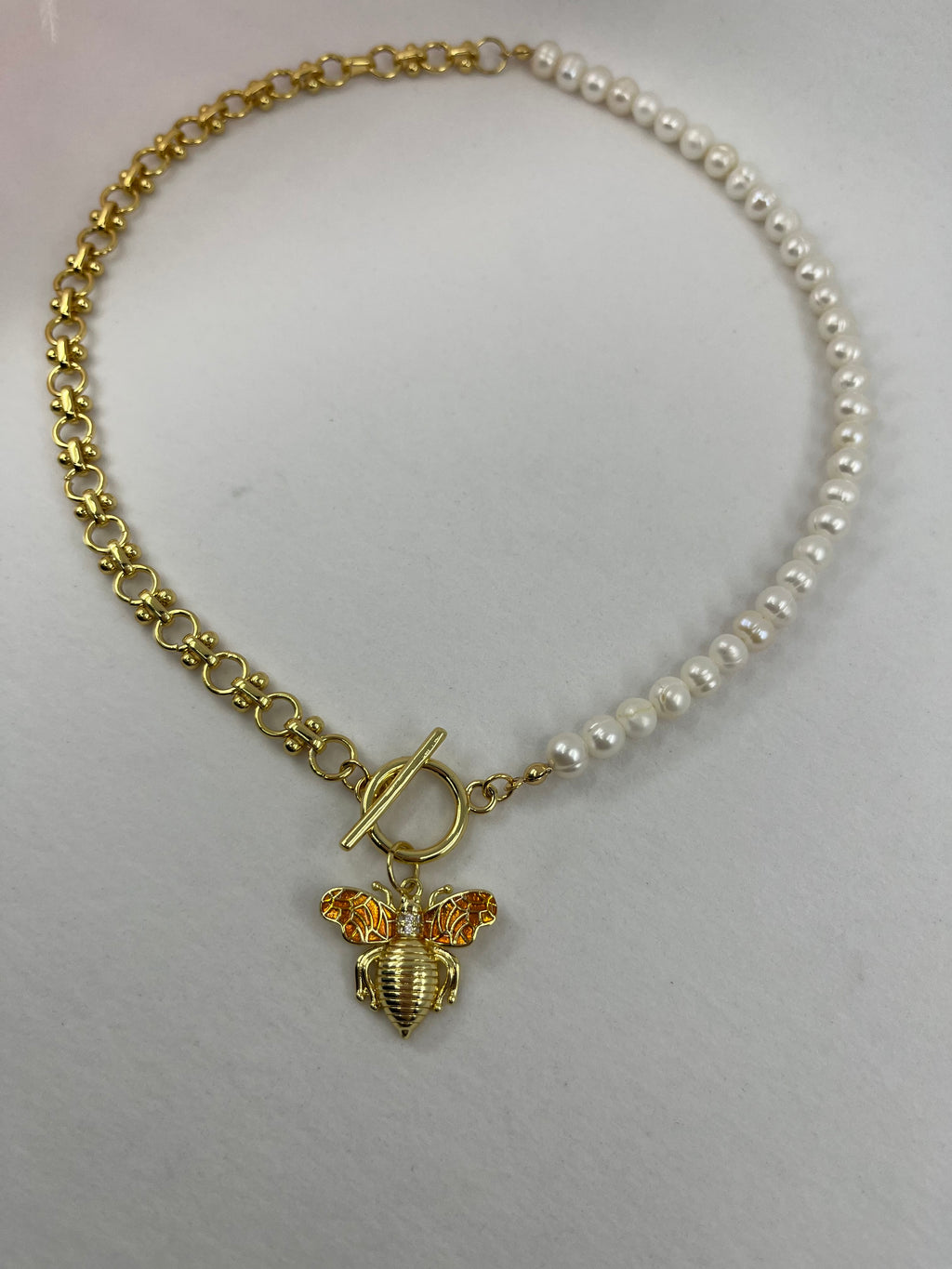 Asymmetrical Pearl Necklace with Bee Pendant, 18K Gold Plated Chain